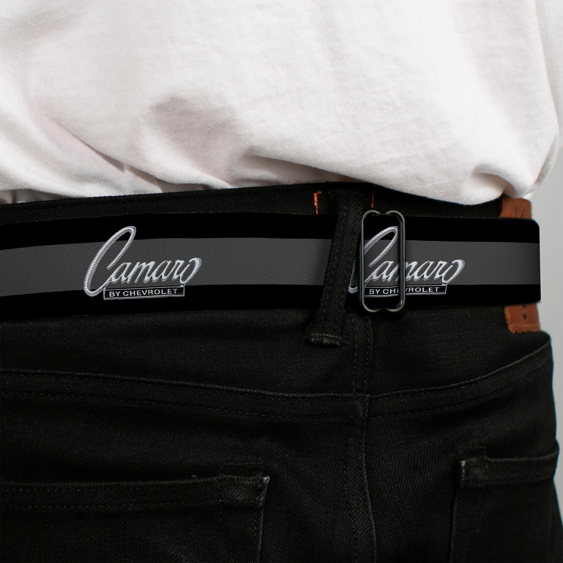 1969 CAMARO BY CHEVROLET Emblem Full Color Black Silver Seatbelt Belt - 1969 CAMARO BY CHEVROLET Emblem/Stripe Black/Gray/Silver Webbing Seatbelt Belts GM General Motors