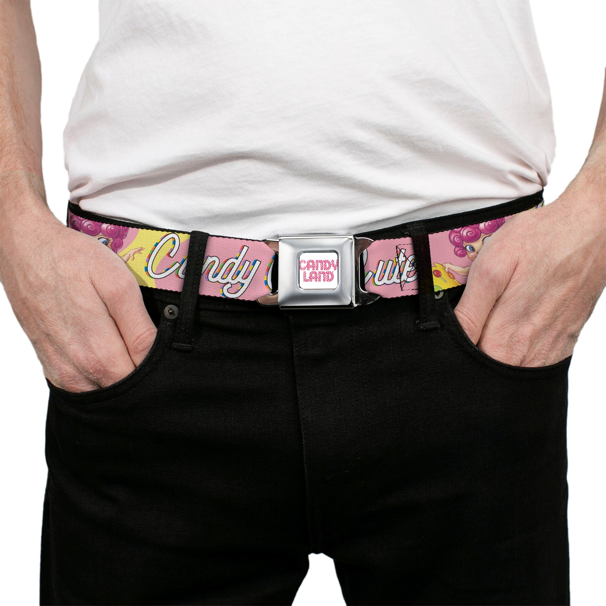CANDY LAND Game Logo White/Pink Seatbelt Belt - Candy Land CANDY CUTE Princess Lolly Pose Pink Webbing Seatbelt Belts Candy Land