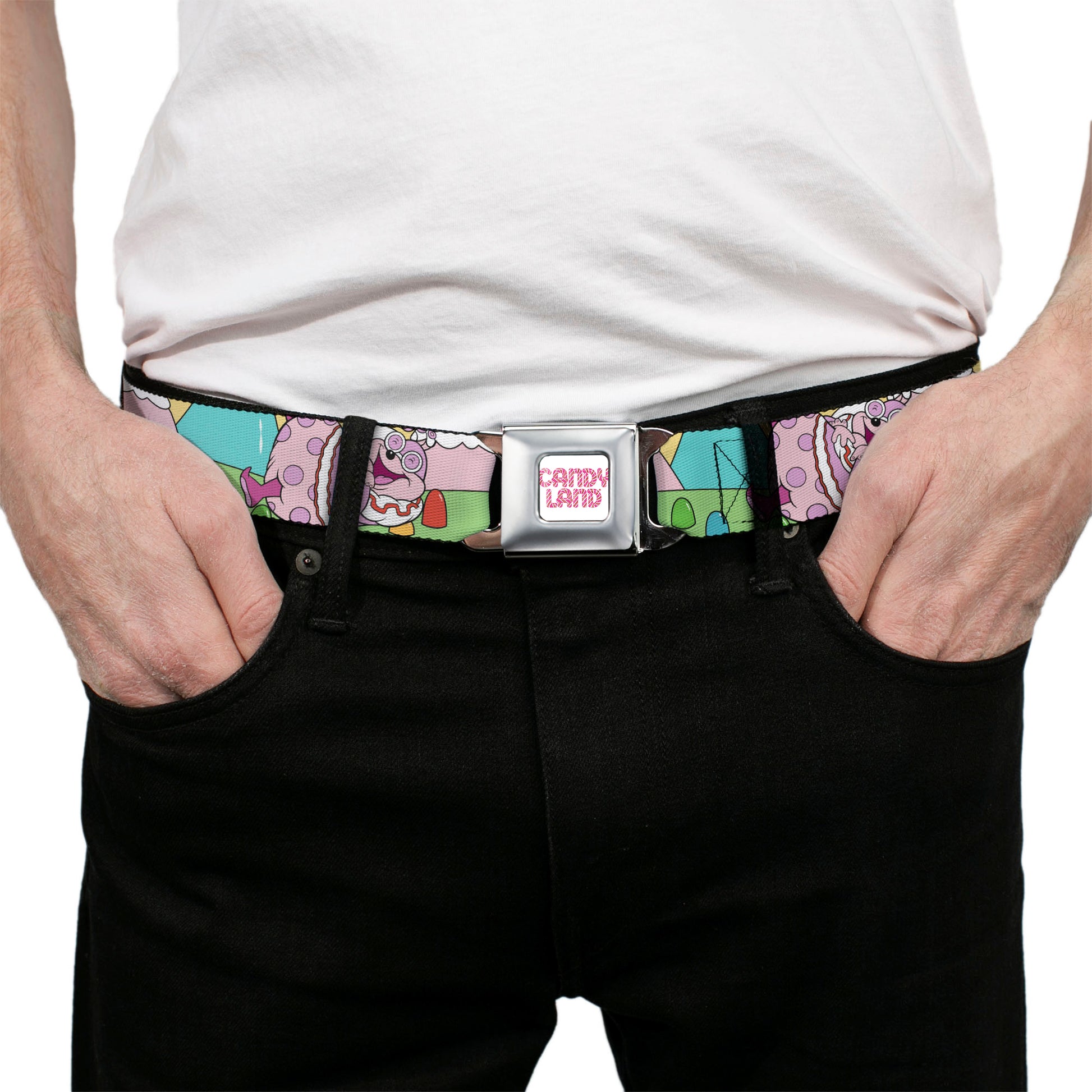 CANDY LAND Game Logo White/Pink Seatbelt Belt - Candy Land Jolly Laughing Pose and Gum Drops Multi Color Webbing Seatbelt Belts Candy Land