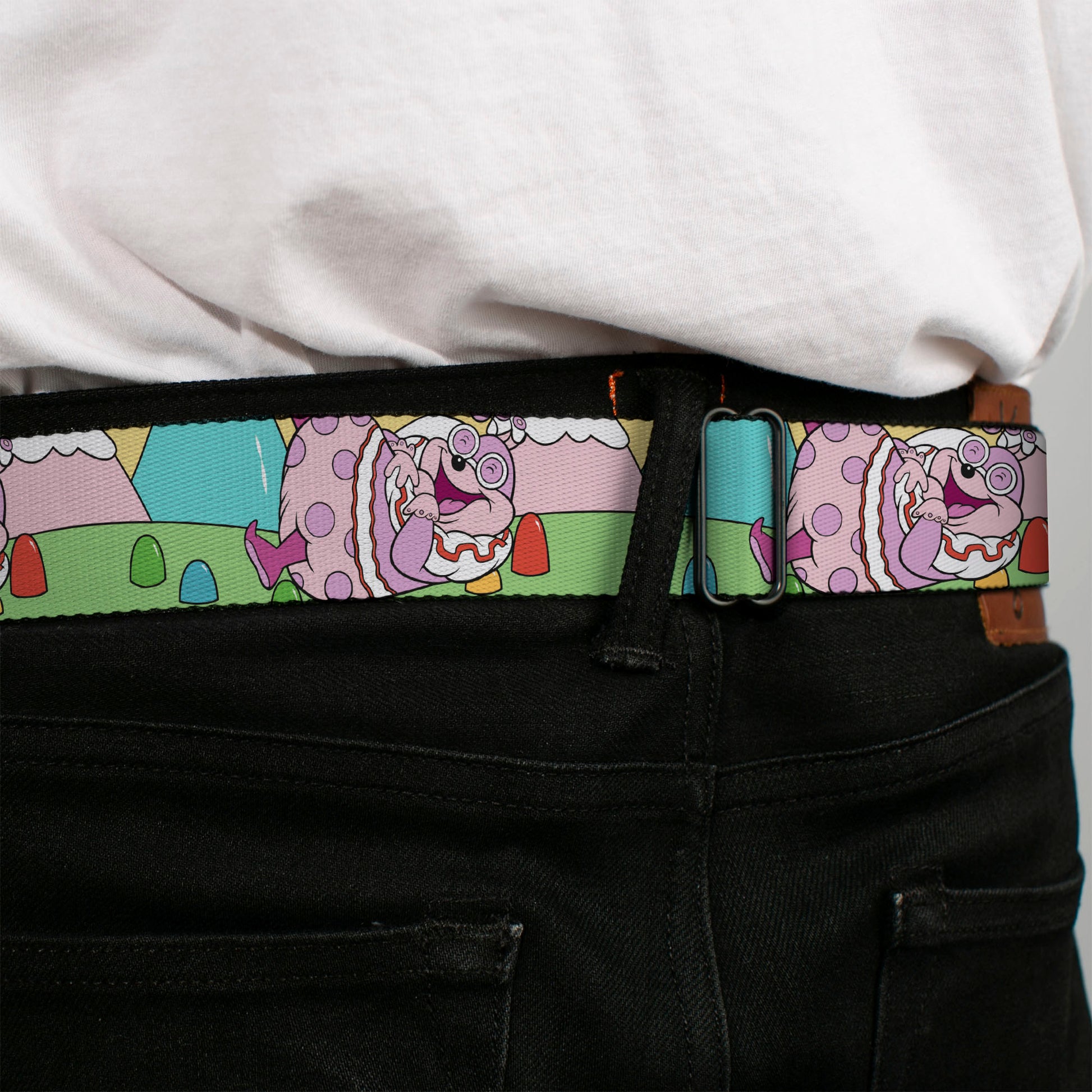 CANDY LAND Game Logo White/Pink Seatbelt Belt - Candy Land Jolly Laughing Pose and Gum Drops Multi Color Webbing Seatbelt Belts Candy Land