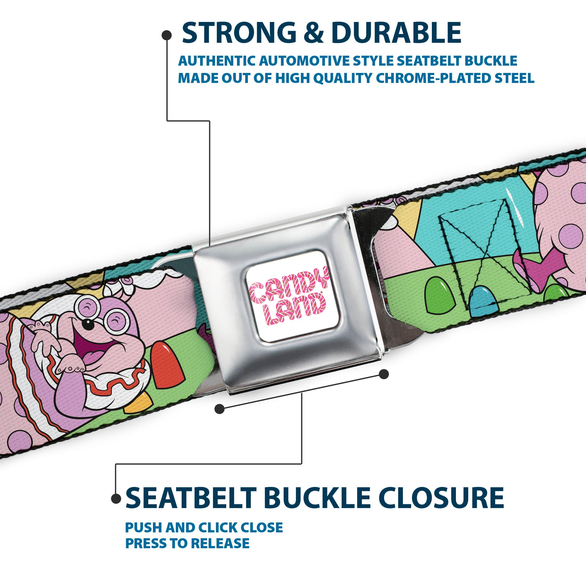 CANDY LAND Game Logo White/Pink Seatbelt Belt - Candy Land Jolly Laughing Pose and Gum Drops Multi Color Webbing Seatbelt Belts Candy Land