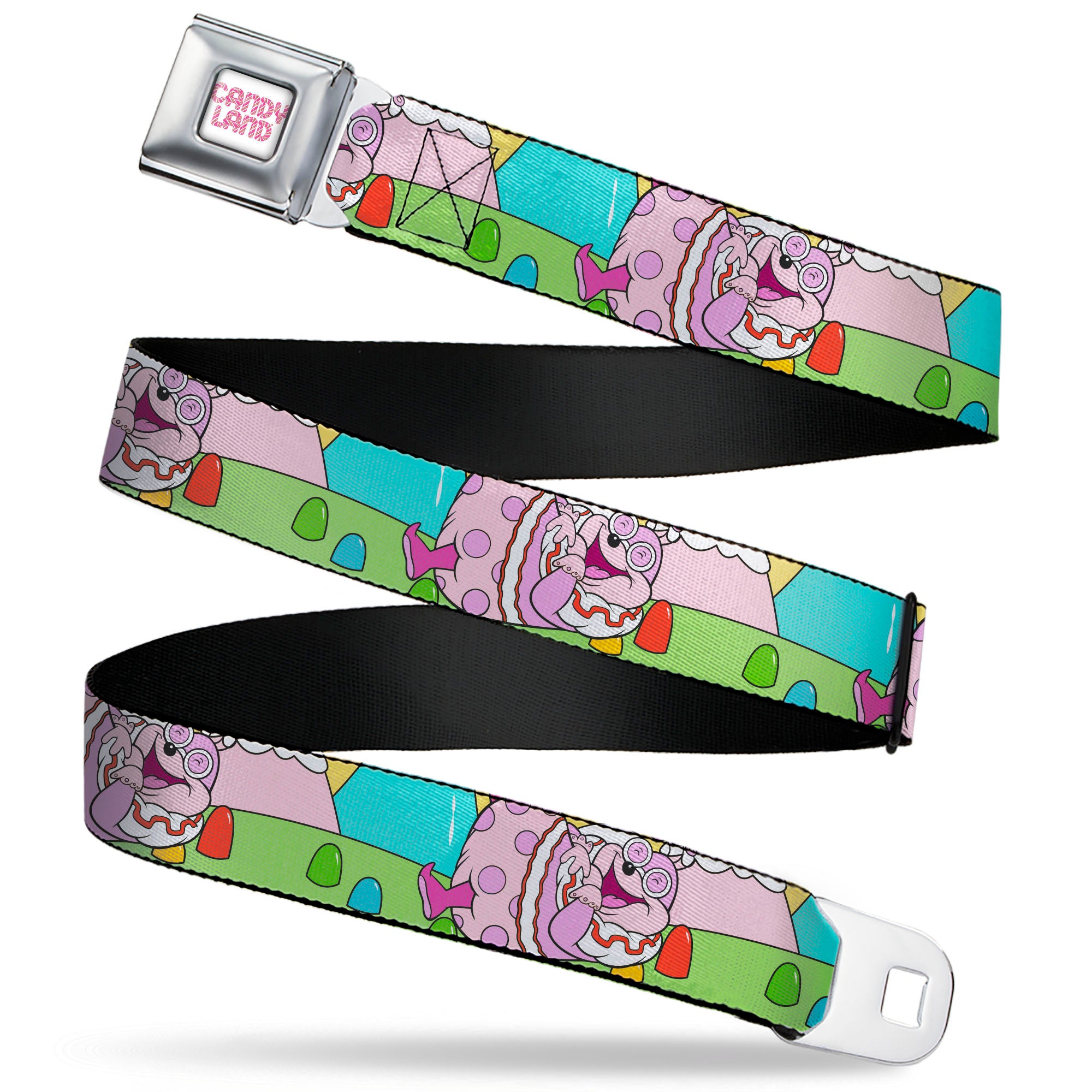 CANDY LAND Game Logo White/Pink Seatbelt Belt - Candy Land Jolly Laughing Pose and Gum Drops Multi Color Webbing Seatbelt Belts Candy Land