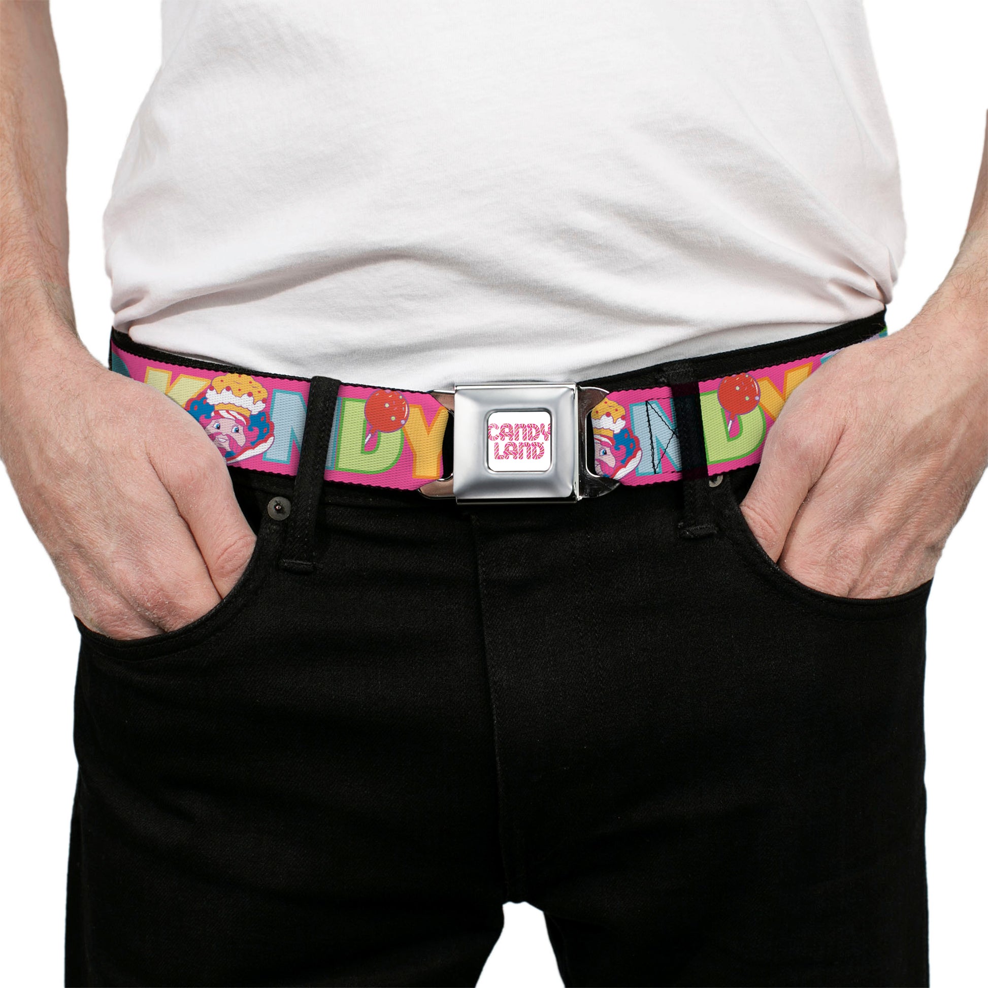 CANDY LAND Game Logo White/Pink Seatbelt Belt - Candy Land KANDY RULES King Kandy Face Red/Multi Color Webbing Seatbelt Belts Hasbro