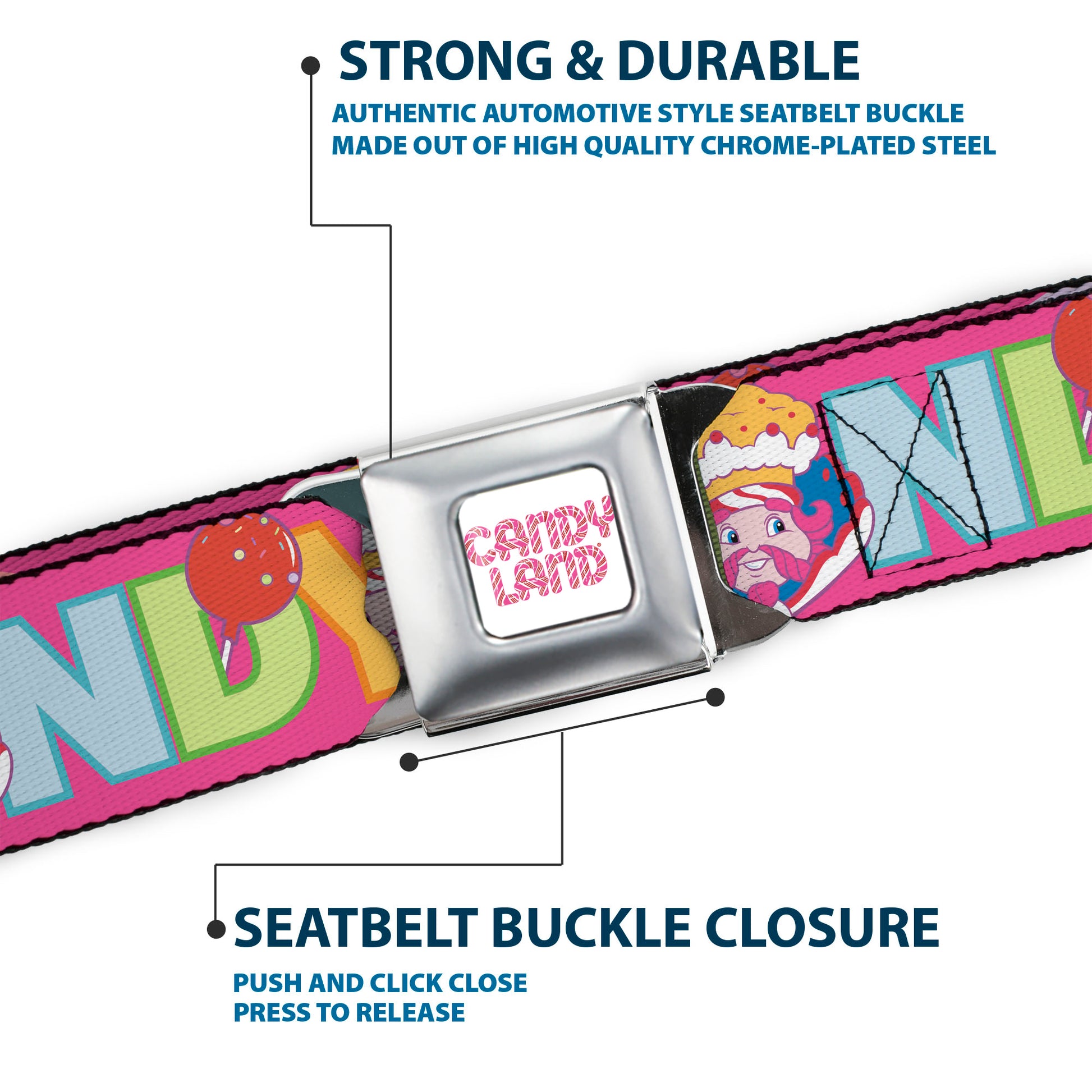 CANDY LAND Game Logo White/Pink Seatbelt Belt - Candy Land KANDY RULES King Kandy Face Red/Multi Color Webbing Seatbelt Belts Hasbro