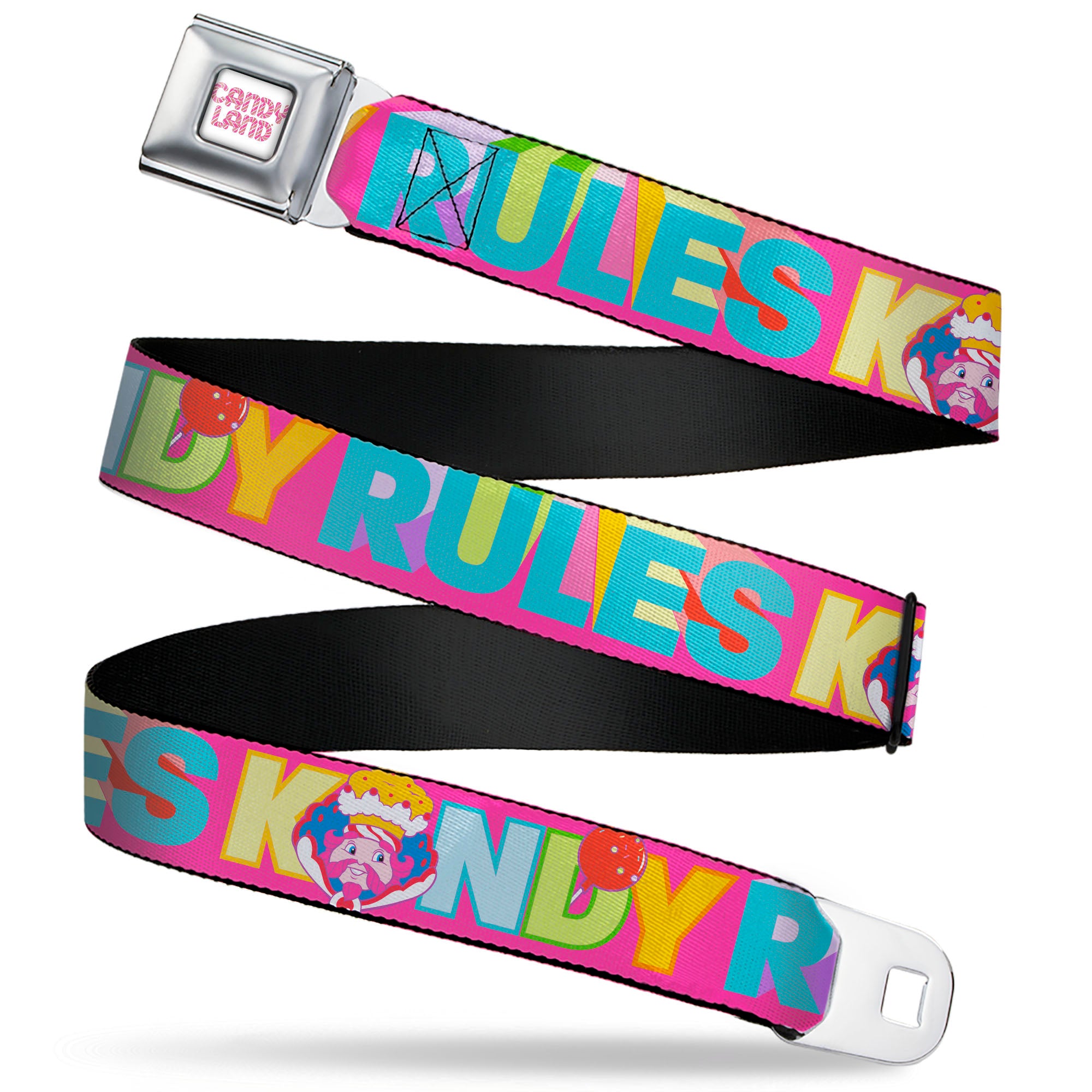 CANDY LAND Game Logo White/Pink Seatbelt Belt - Candy Land KANDY RULES King Kandy Face Red/Multi Color Webbing Seatbelt Belts Hasbro