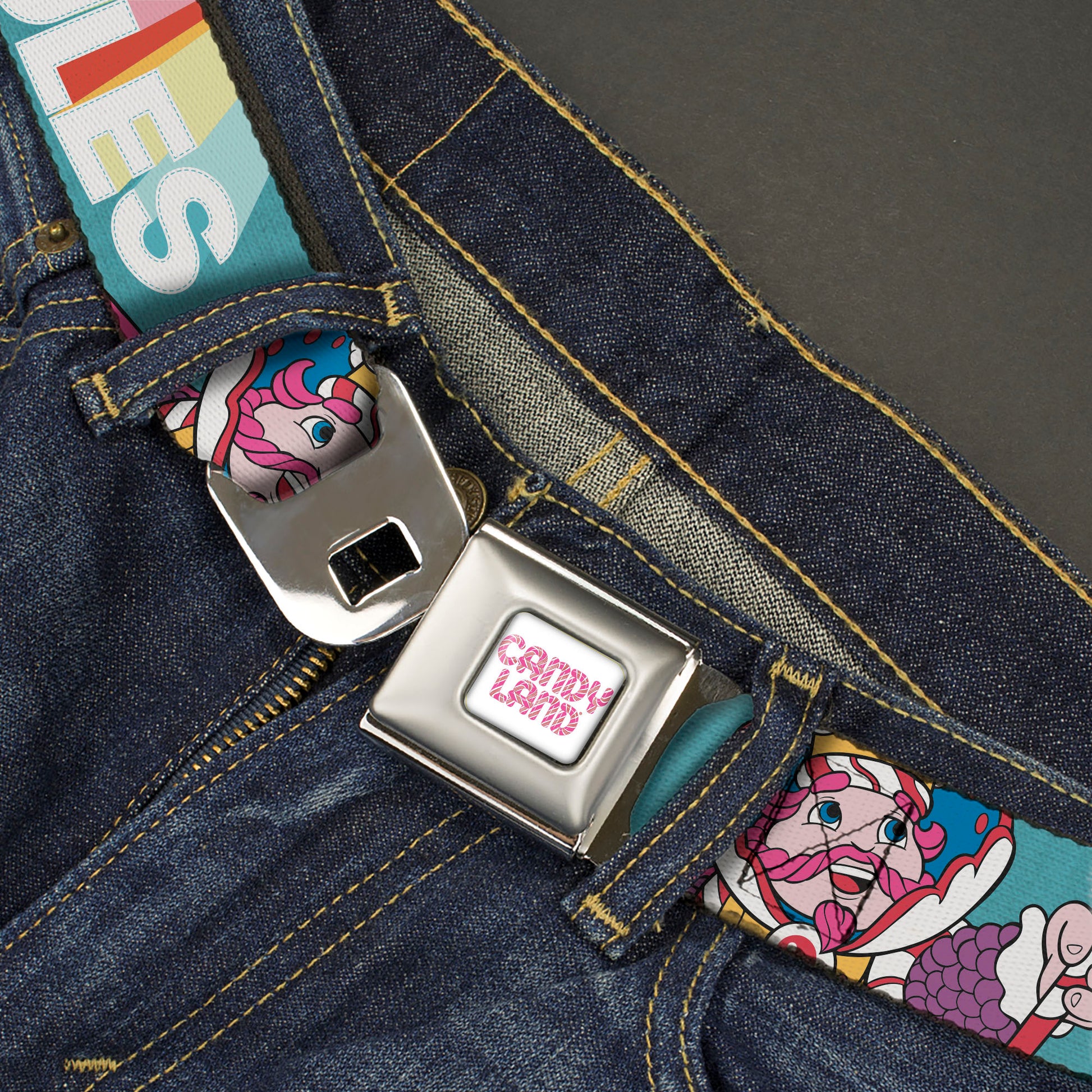 CANDY LAND Game Logo White/Pink Seatbelt Belt - Candy Land KANDY RULES King Kandy Pose Teal/Multi Color Webbing Seatbelt Belts Candy Land
