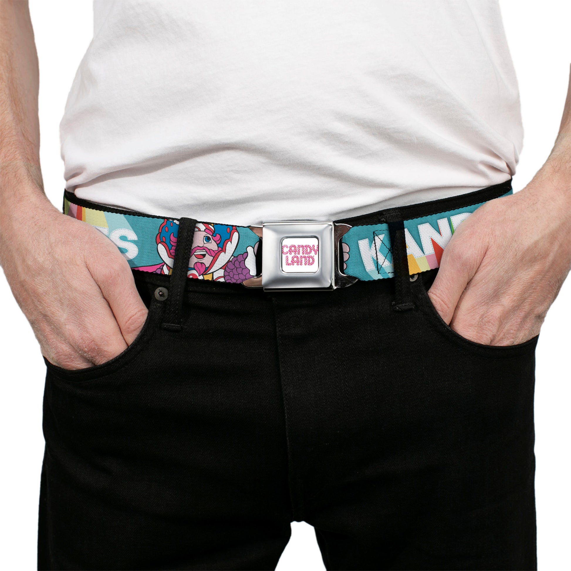CANDY LAND Game Logo White/Pink Seatbelt Belt - Candy Land KANDY RULES King Kandy Pose Teal/Multi Color Webbing Seatbelt Belts Candy Land