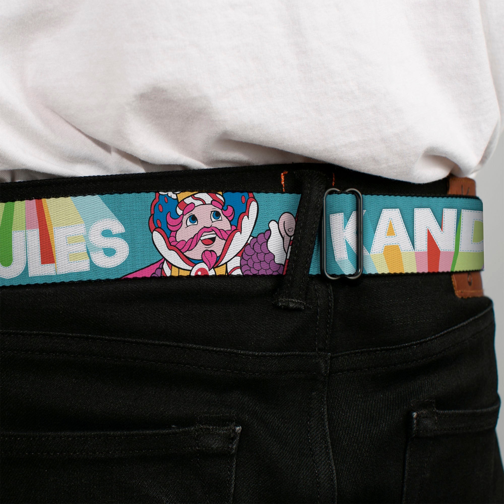 CANDY LAND Game Logo White/Pink Seatbelt Belt - Candy Land KANDY RULES King Kandy Pose Teal/Multi Color Webbing Seatbelt Belts Candy Land