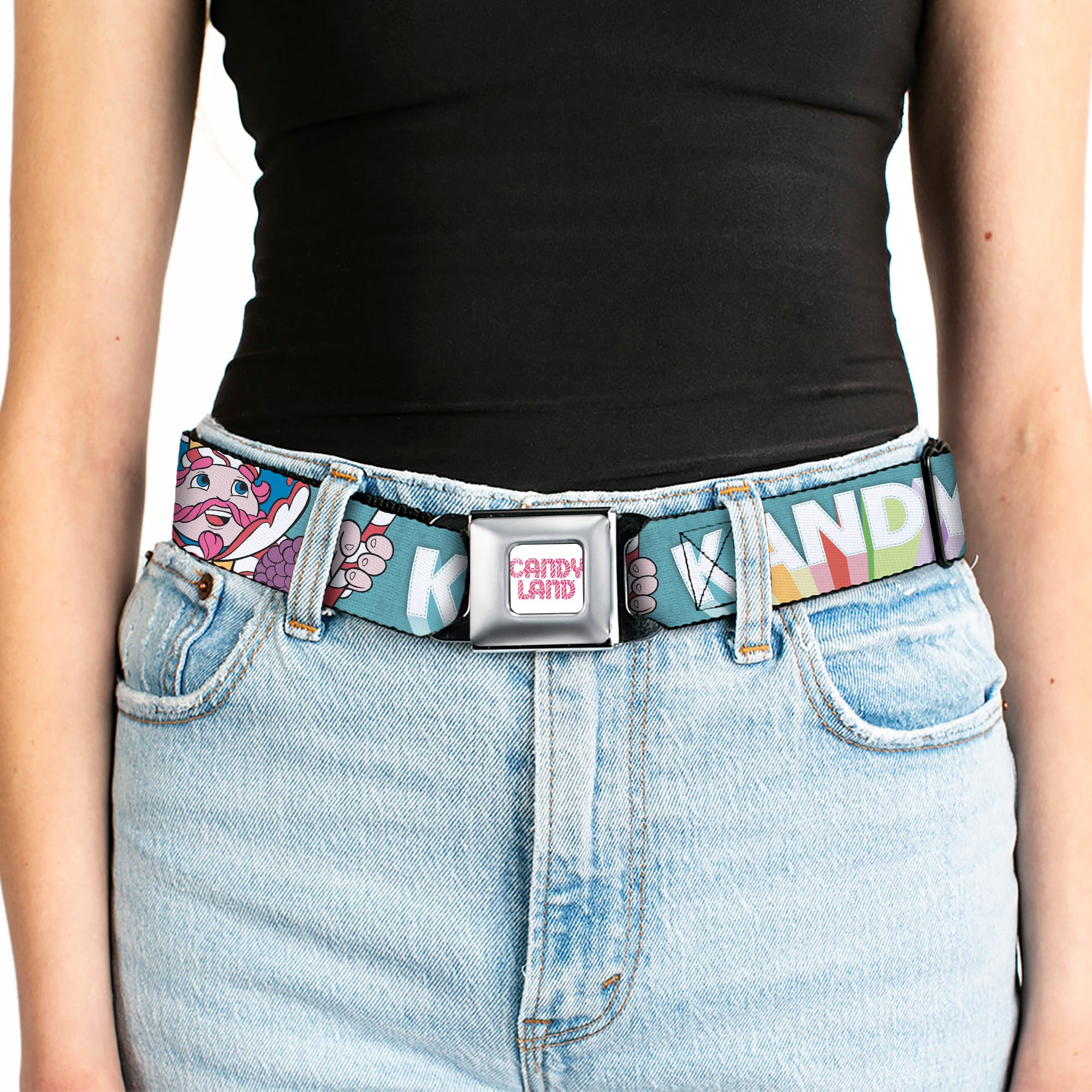 CANDY LAND Game Logo White/Pink Seatbelt Belt - Candy Land KANDY RULES King Kandy Pose Teal/Multi Color Webbing Seatbelt Belts Candy Land