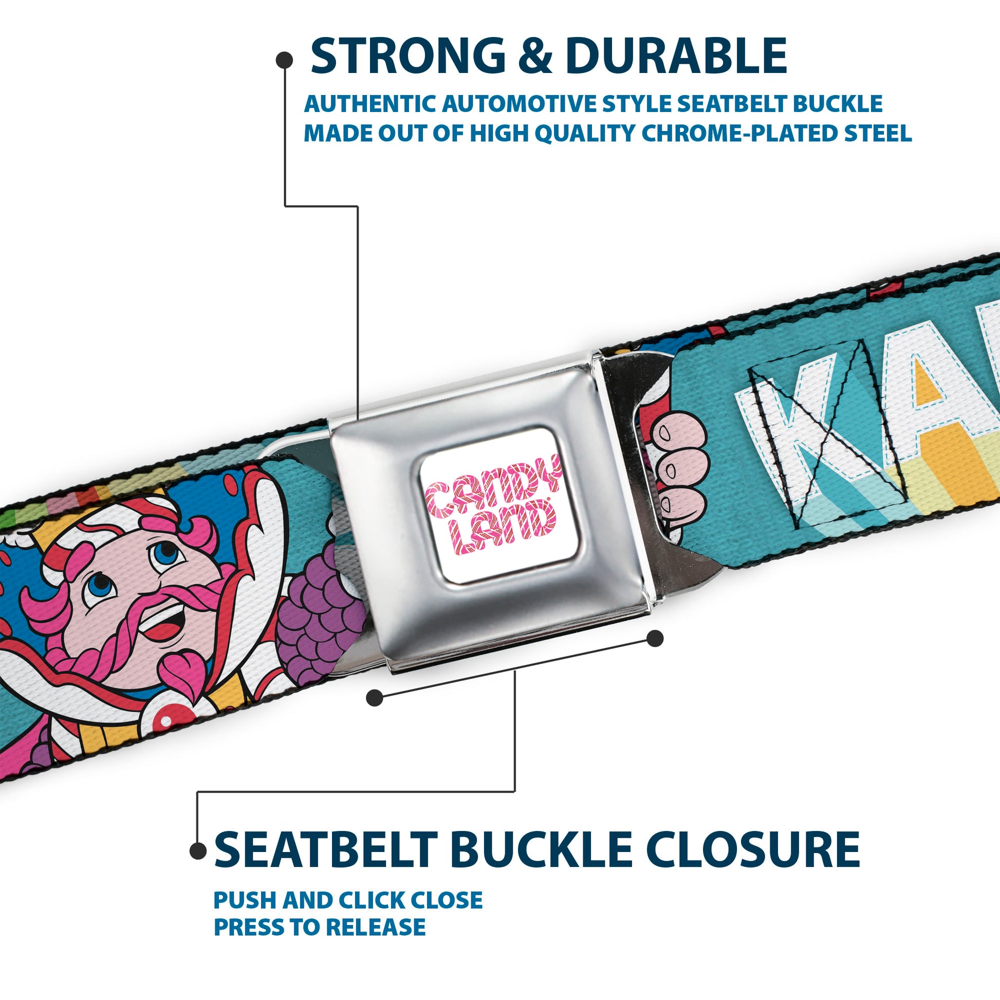 CANDY LAND Game Logo White/Pink Seatbelt Belt - Candy Land KANDY RULES King Kandy Pose Teal/Multi Color Webbing Seatbelt Belts Candy Land