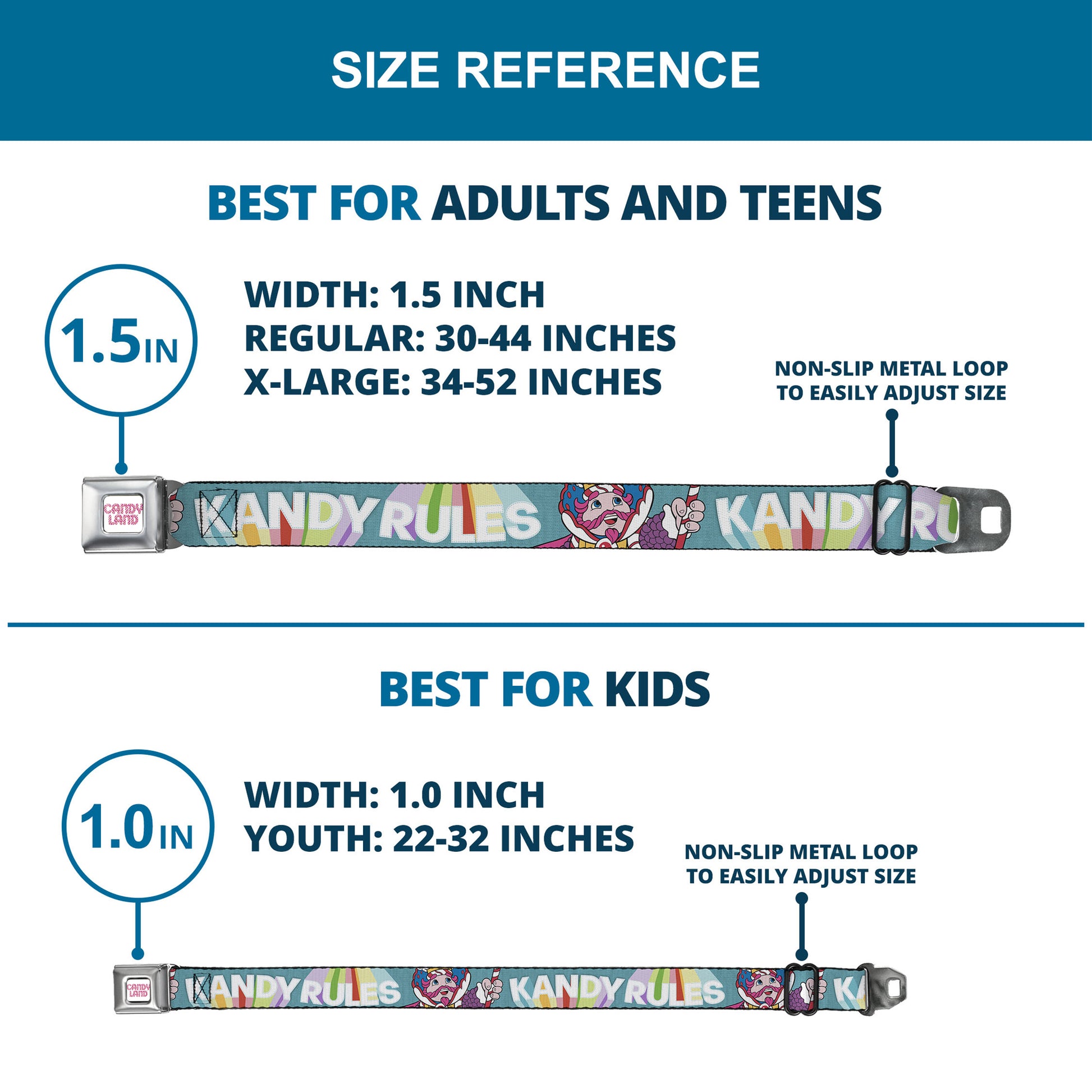 CANDY LAND Game Logo White/Pink Seatbelt Belt - Candy Land KANDY RULES King Kandy Pose Teal/Multi Color Webbing Seatbelt Belts Candy Land