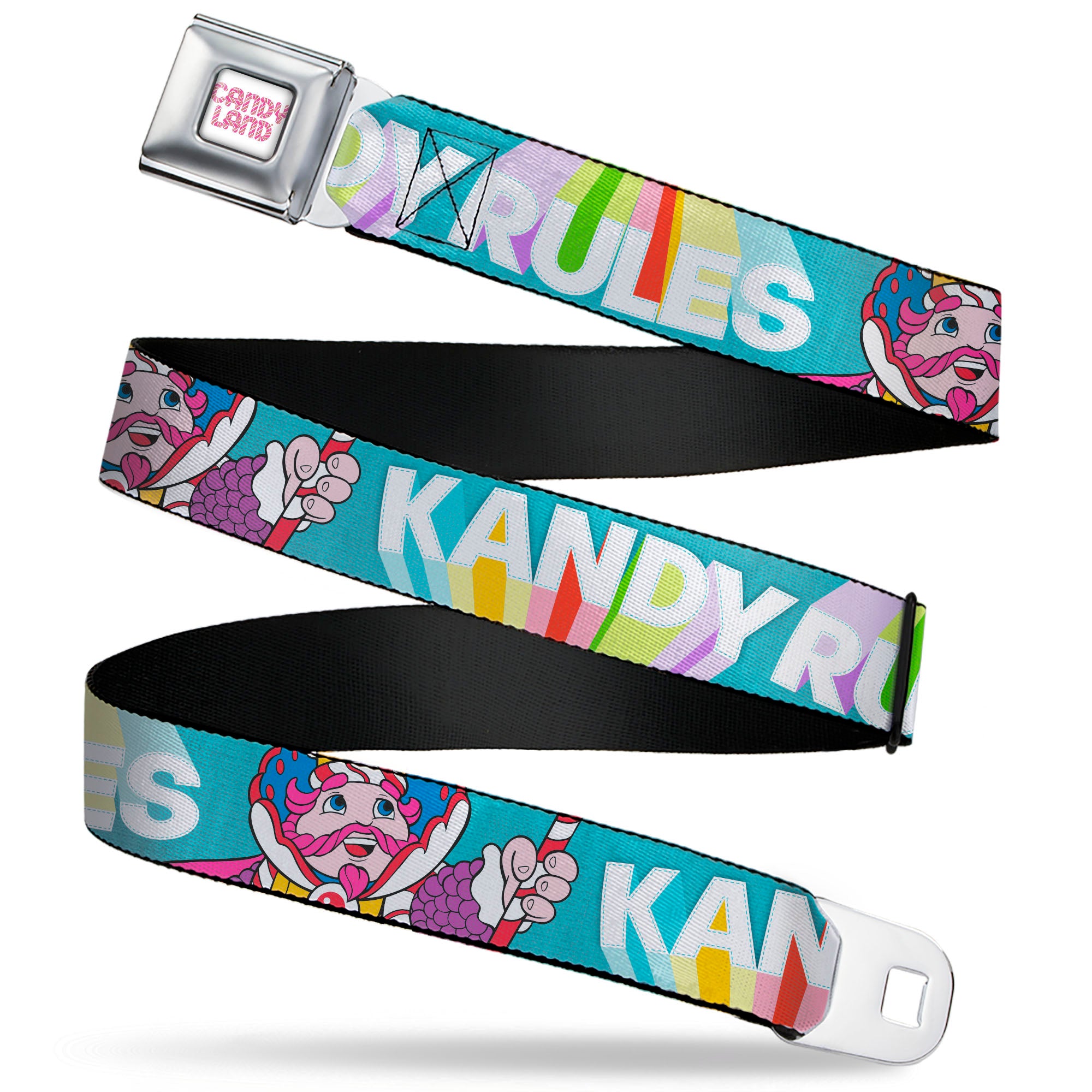 CANDY LAND Game Logo White/Pink Seatbelt Belt - Candy Land KANDY RULES King Kandy Pose Teal/Multi Color Webbing Seatbelt Belts Candy Land
