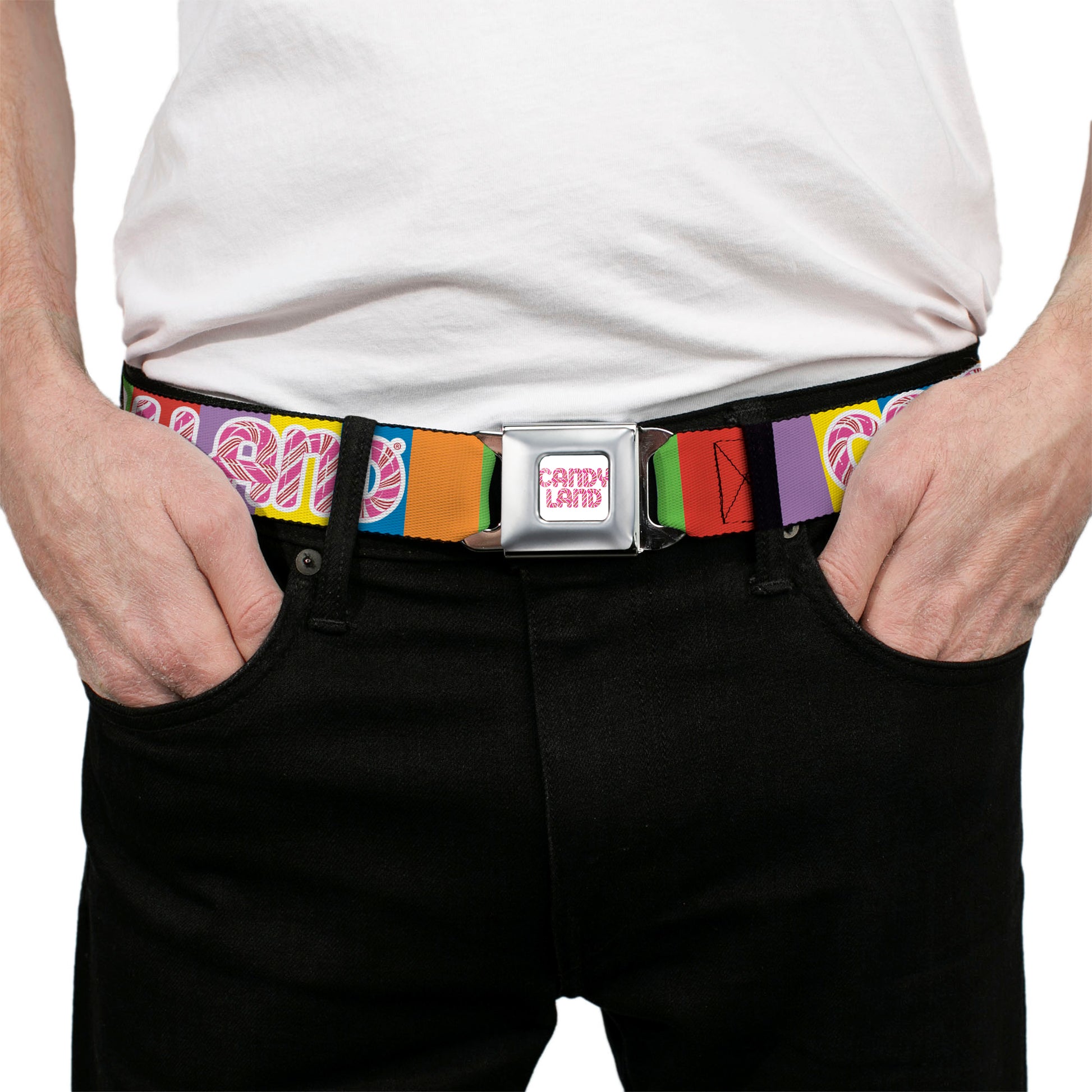 CANDY LAND Game Logo White/Pink Seatbelt Belt - CANDY LAND Game Logo Color Blocks Multi Color Webbing Seatbelt Belts Candy Land