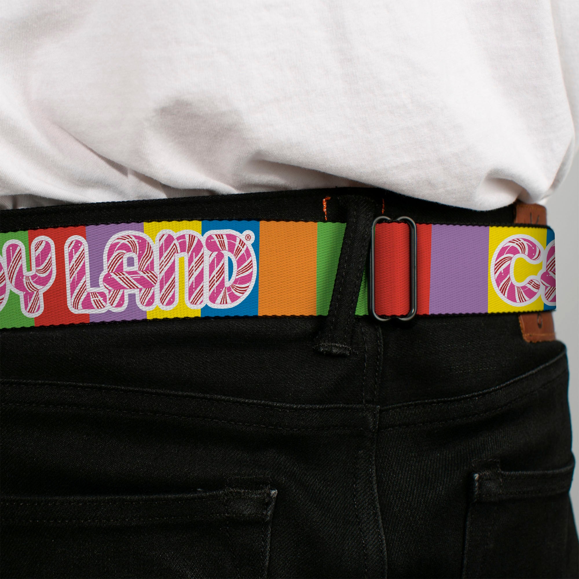 CANDY LAND Game Logo White/Pink Seatbelt Belt - CANDY LAND Game Logo Color Blocks Multi Color Webbing Seatbelt Belts Candy Land