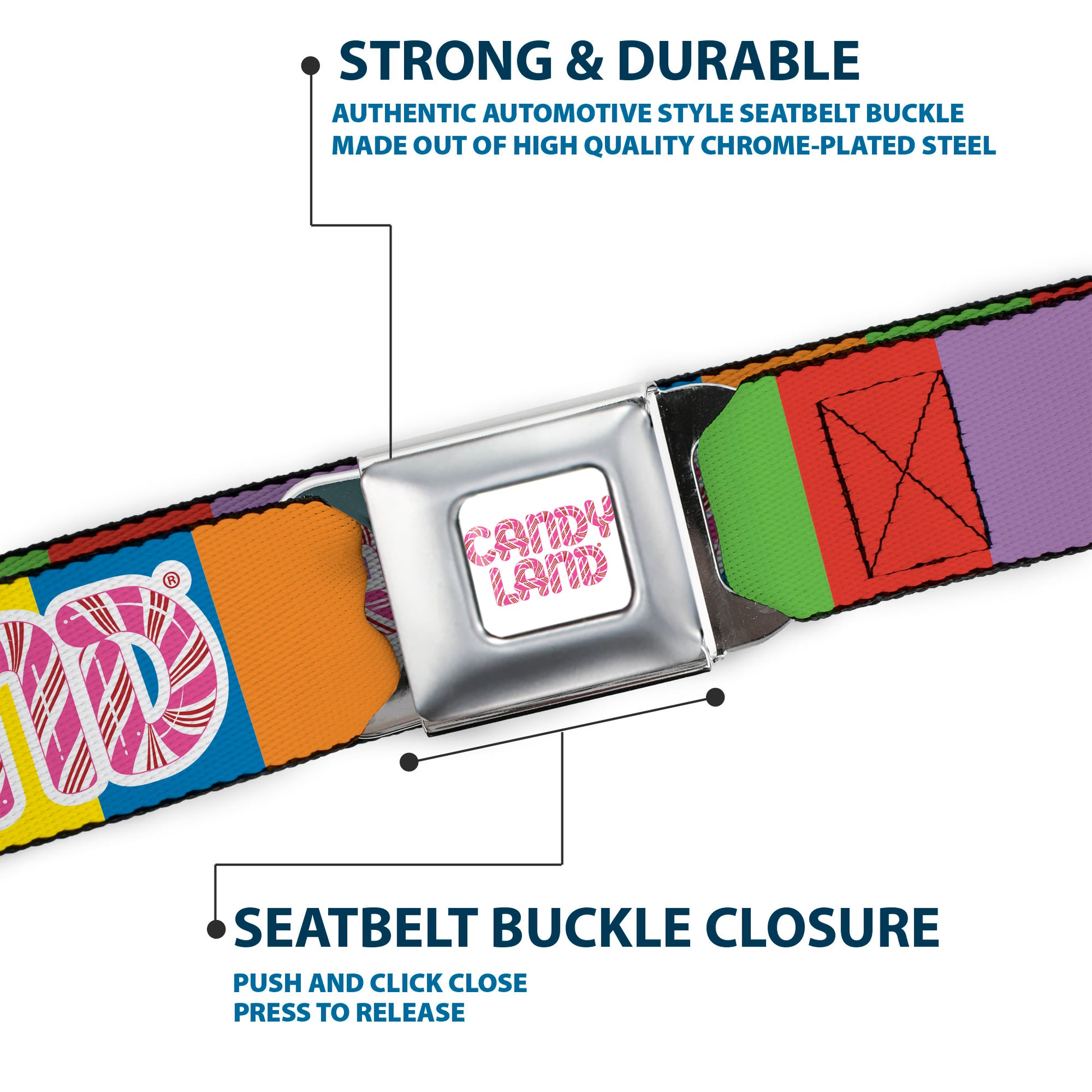 CANDY LAND Game Logo White/Pink Seatbelt Belt - CANDY LAND Game Logo Color Blocks Multi Color Webbing Seatbelt Belts Candy Land