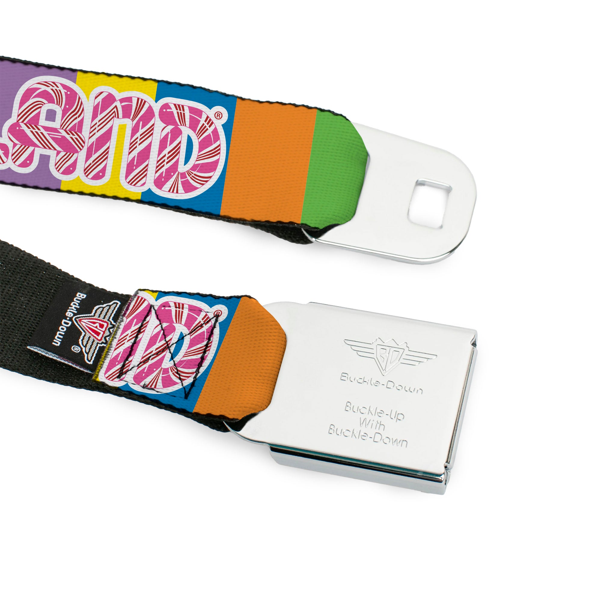 CANDY LAND Game Logo White/Pink Seatbelt Belt - CANDY LAND Game Logo Color Blocks Multi Color Webbing Seatbelt Belts Candy Land
