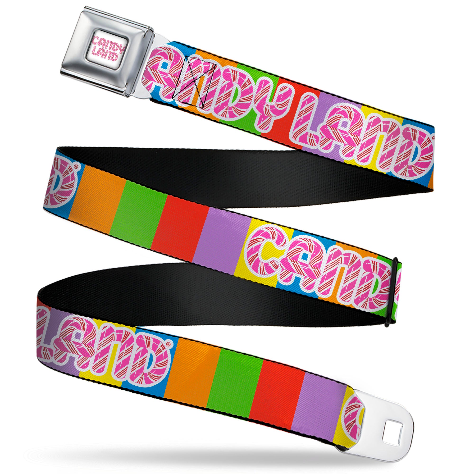 CANDY LAND Game Logo White/Pink Seatbelt Belt - CANDY LAND Game Logo Color Blocks Multi Color Webbing Seatbelt Belts Candy Land