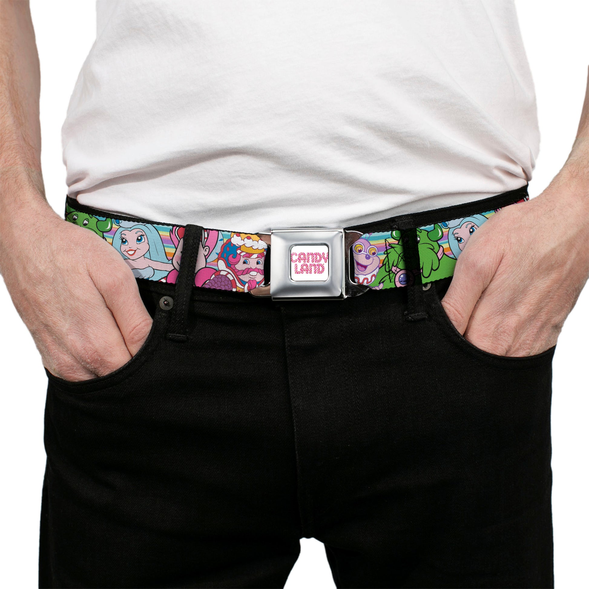 CANDY LAND Game Logo White/Pink Seatbelt Belt - Candy Land Character Lineup Stripe Multi Color Webbing Seatbelt Belts Candy Land