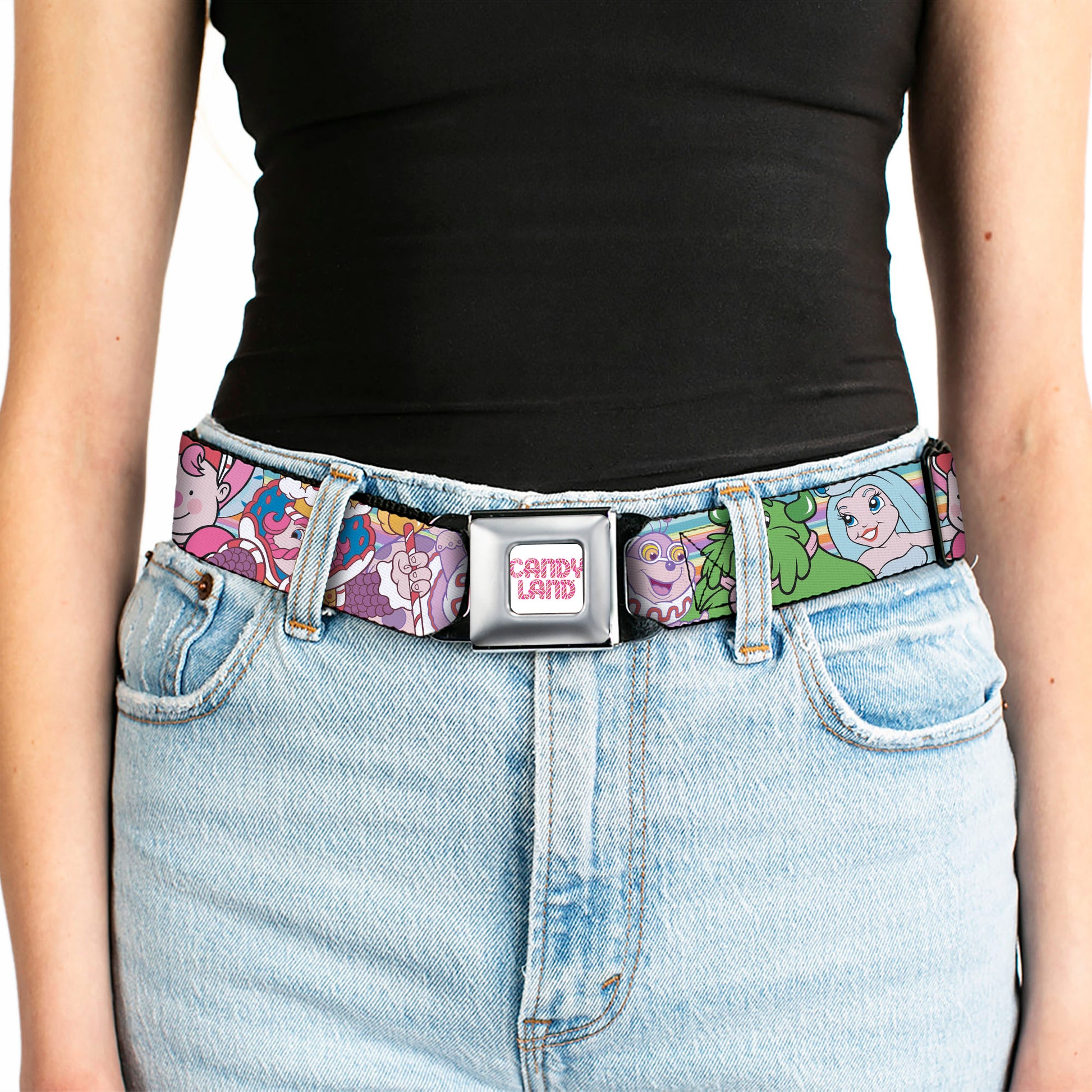 CANDY LAND Game Logo White/Pink Seatbelt Belt - Candy Land Character Lineup Stripe Multi Color Webbing Seatbelt Belts Candy Land