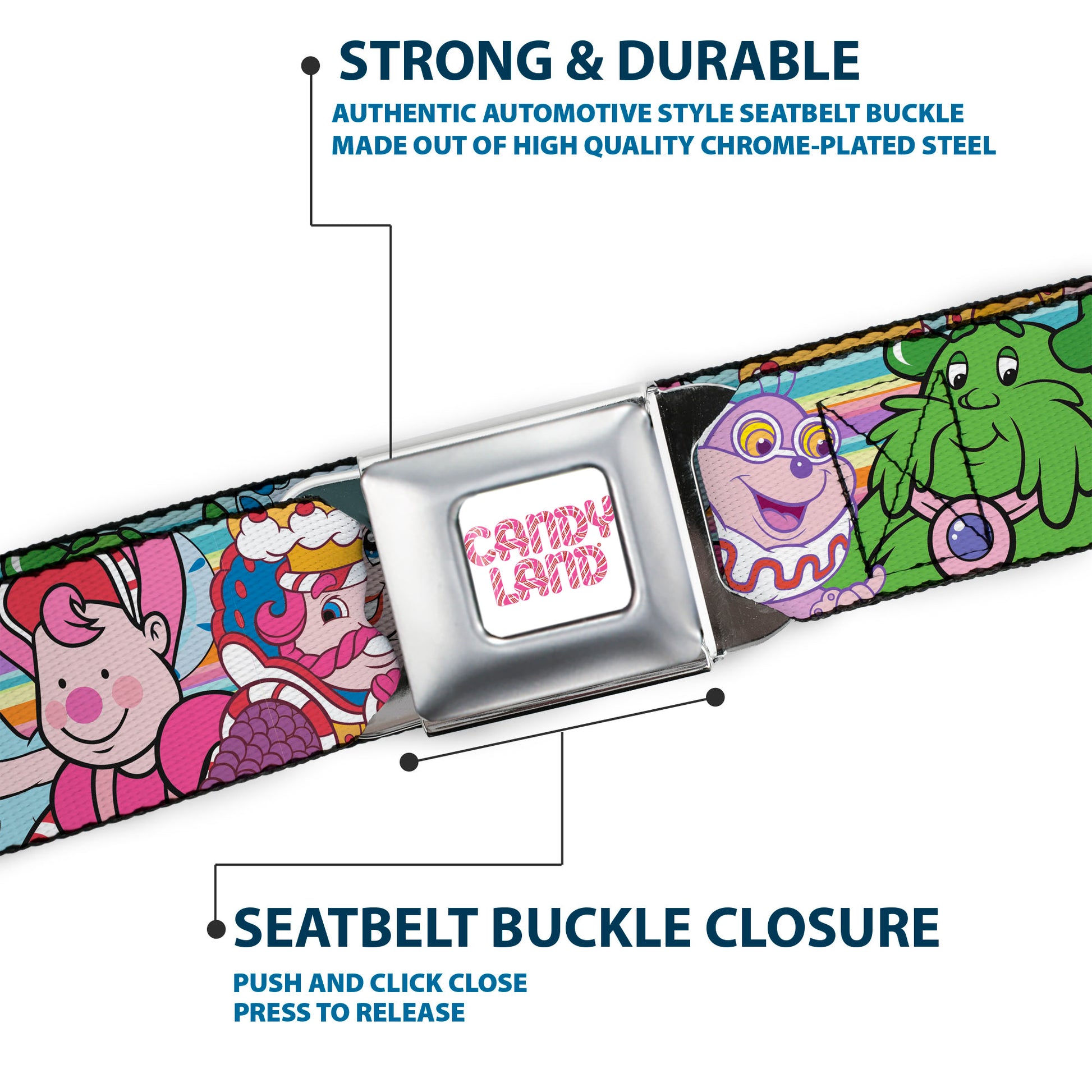 CANDY LAND Game Logo White/Pink Seatbelt Belt - Candy Land Character Lineup Stripe Multi Color Webbing Seatbelt Belts Candy Land