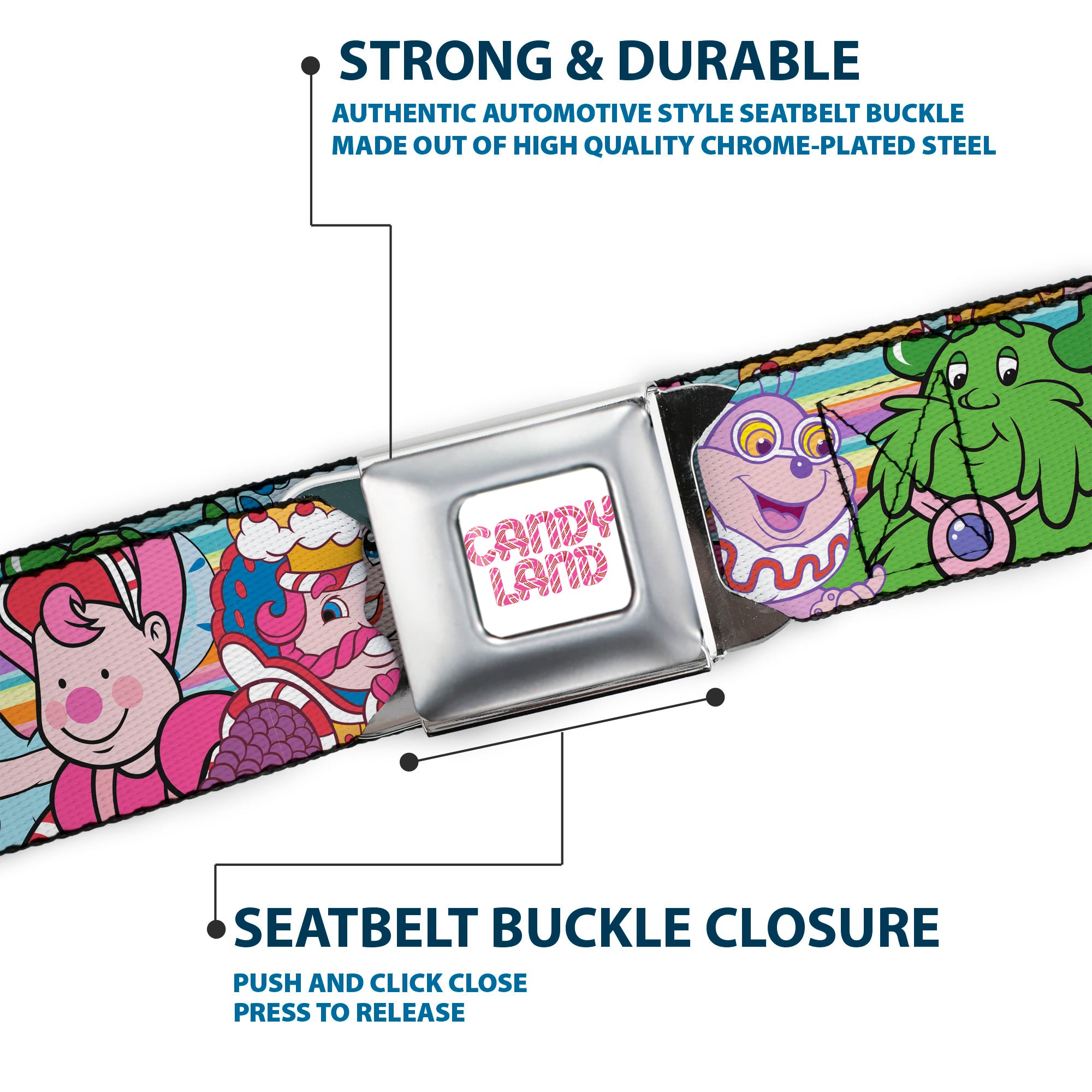 CANDY LAND Game Logo White/Pink Seatbelt Belt - Candy Land Character Lineup Stripe Multi Color Webbing Seatbelt Belts Candy Land