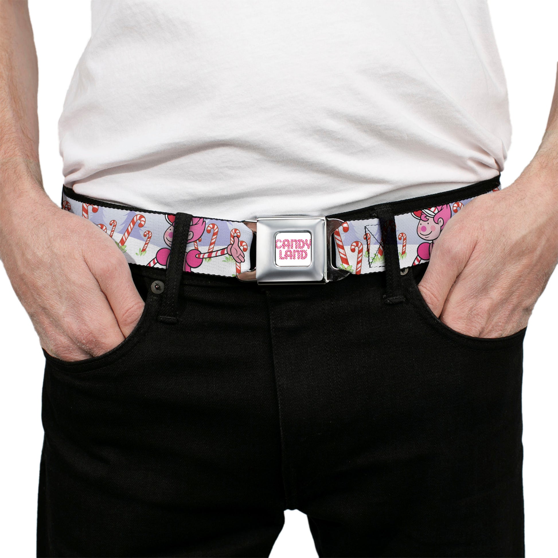 CANDY LAND Game Logo White/Pink Seatbelt Belt - Candy Land Mr. Mint Pose and Candy Canes Multi Color Webbing Seatbelt Belts Candy Land