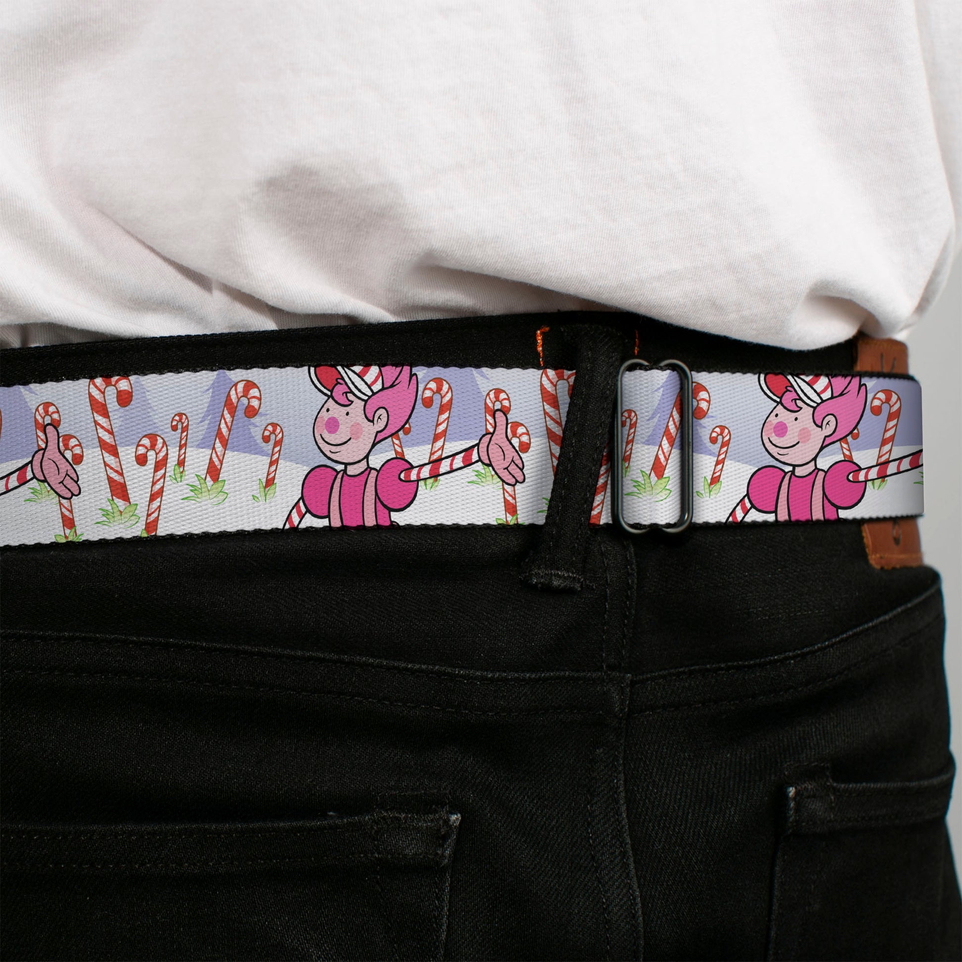 CANDY LAND Game Logo White/Pink Seatbelt Belt - Candy Land Mr. Mint Pose and Candy Canes Multi Color Webbing Seatbelt Belts Candy Land