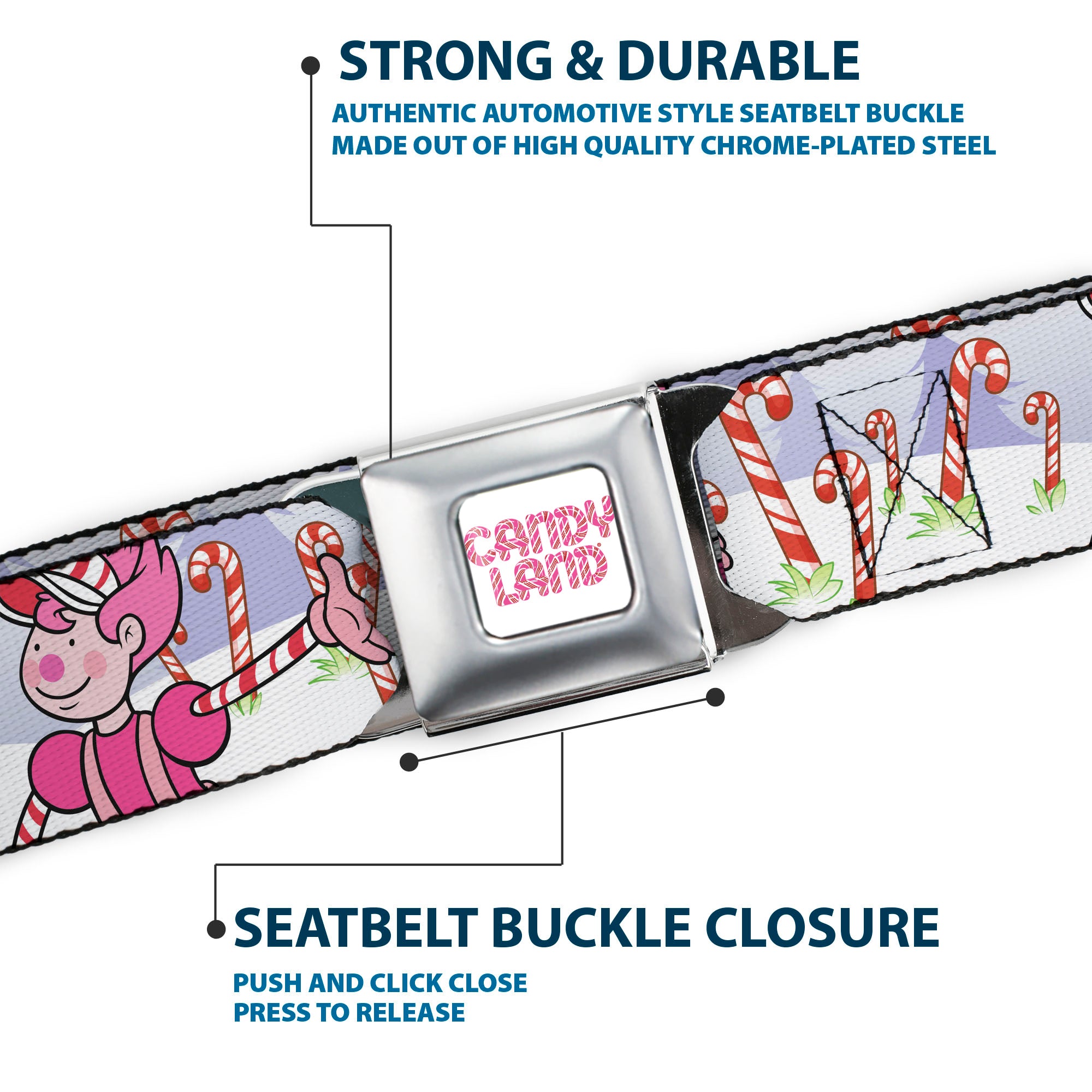CANDY LAND Game Logo White/Pink Seatbelt Belt - Candy Land Mr. Mint Pose and Candy Canes Multi Color Webbing Seatbelt Belts Candy Land