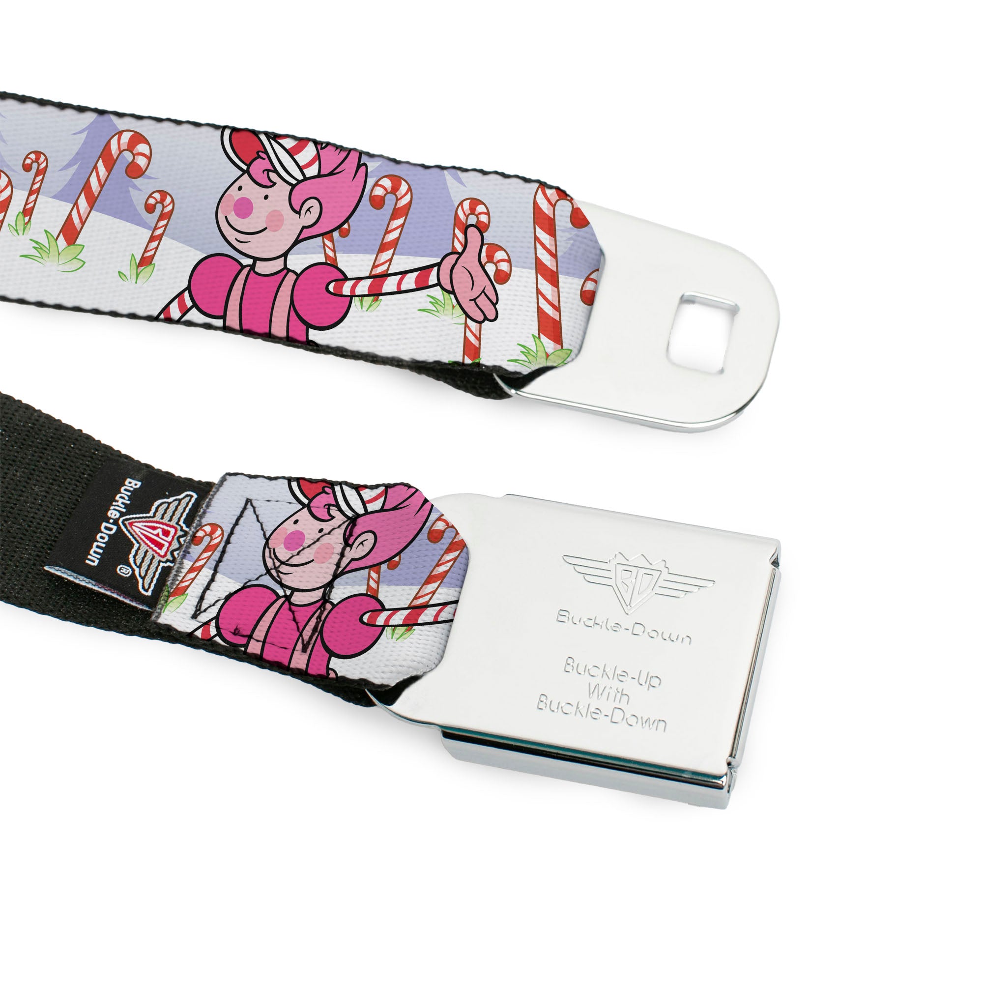 CANDY LAND Game Logo White/Pink Seatbelt Belt - Candy Land Mr. Mint Pose and Candy Canes Multi Color Webbing Seatbelt Belts Candy Land