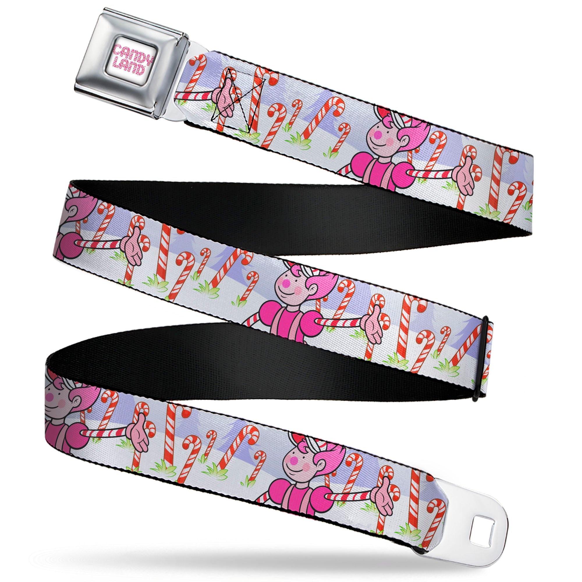 CANDY LAND Game Logo White/Pink Seatbelt Belt - Candy Land Mr. Mint Pose and Candy Canes Multi Color Webbing Seatbelt Belts Candy Land