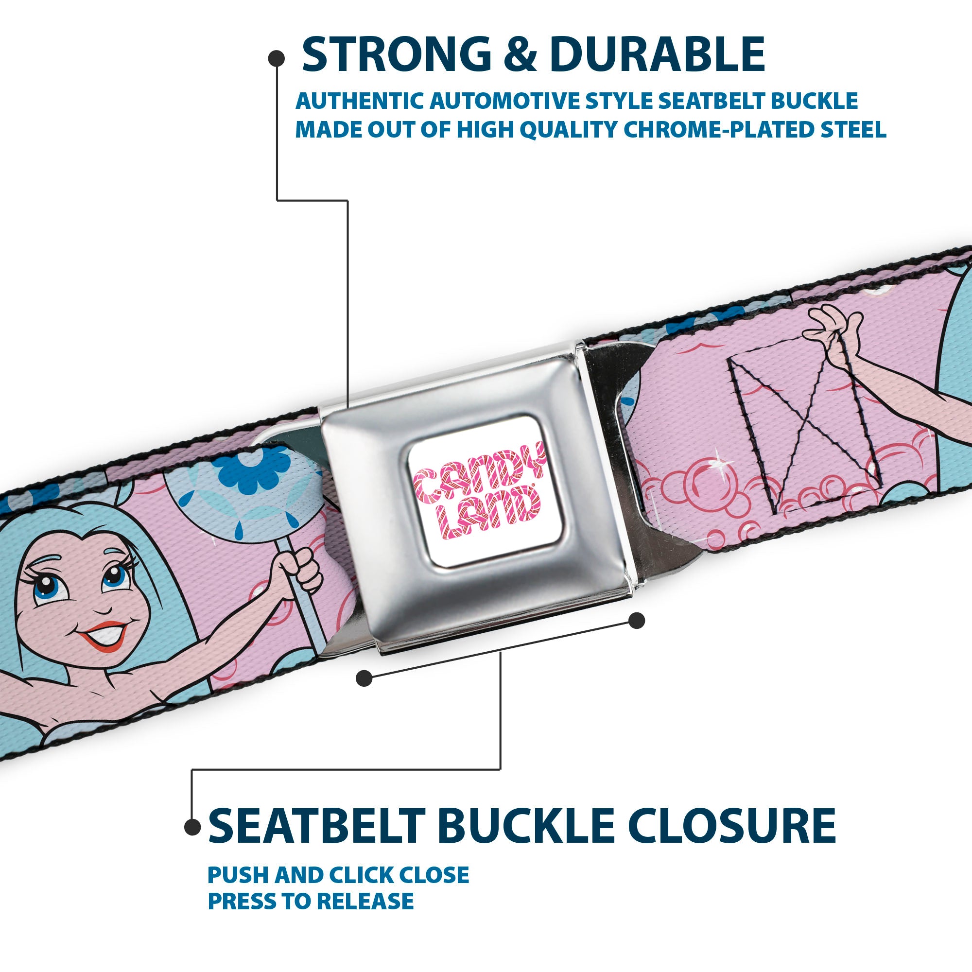 CANDY LAND Game Logo White/Pink Seatbelt Belt - Candy Land Queen Frostine Pose and Float Bubbles Pinks Webbing Seatbelt Belts Candy Land