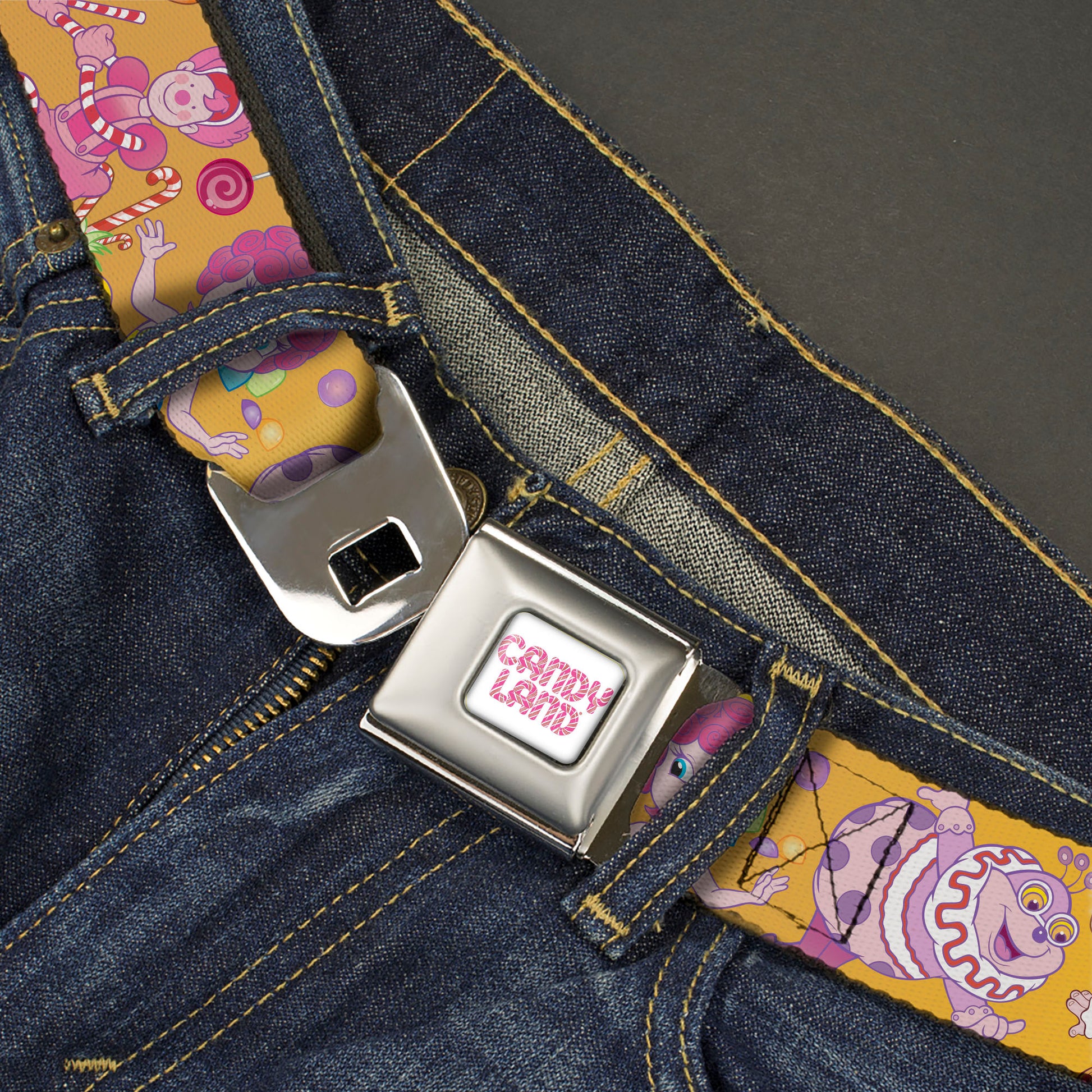 CANDY LAND Game Logo White/Pink Seatbelt Belt - Candy Land Characters and Candy Collage Yellow Webbing Seatbelt Belts Hasbro