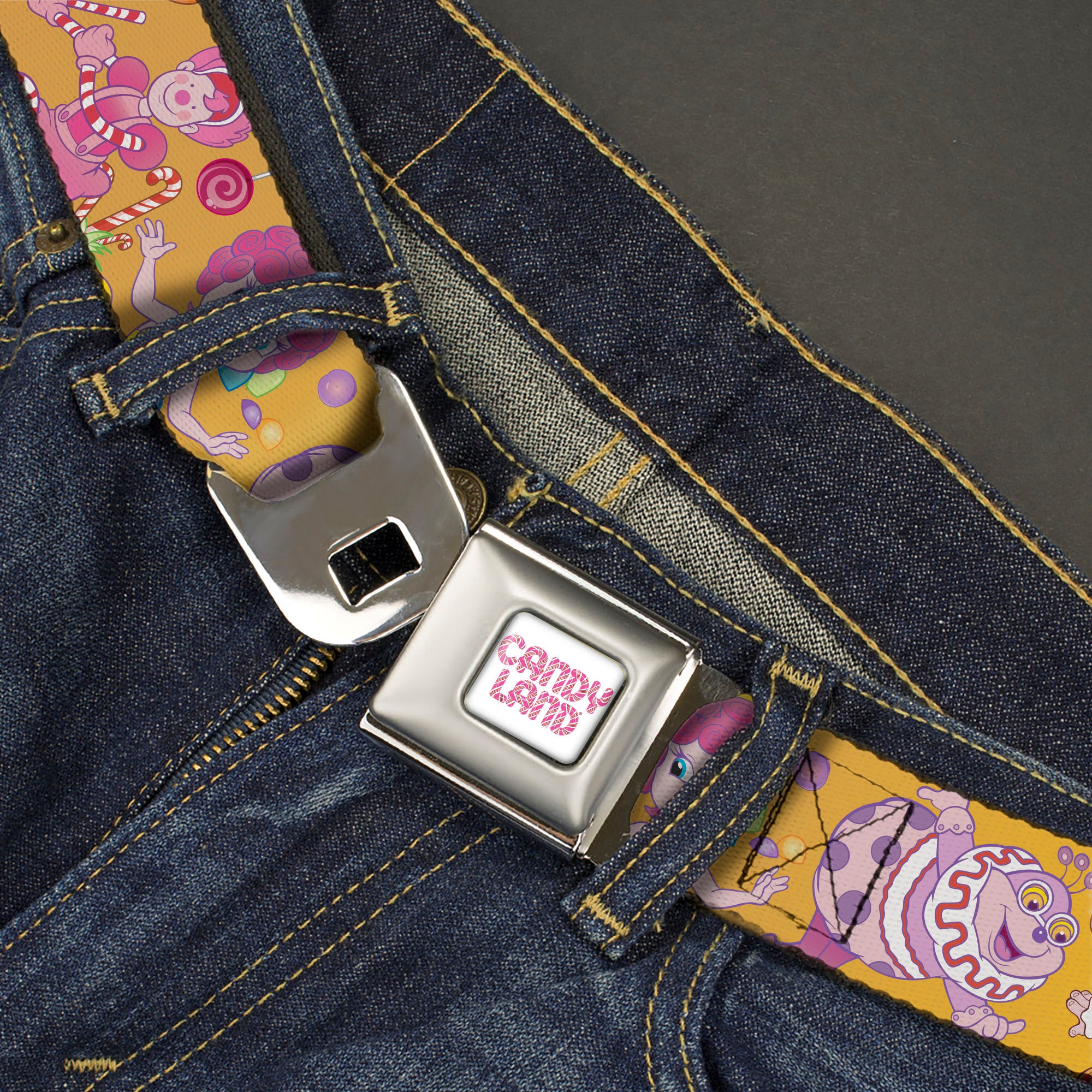 CANDY LAND Game Logo White/Pink Seatbelt Belt - Candy Land Characters and Candy Collage Yellow Webbing Seatbelt Belts Hasbro