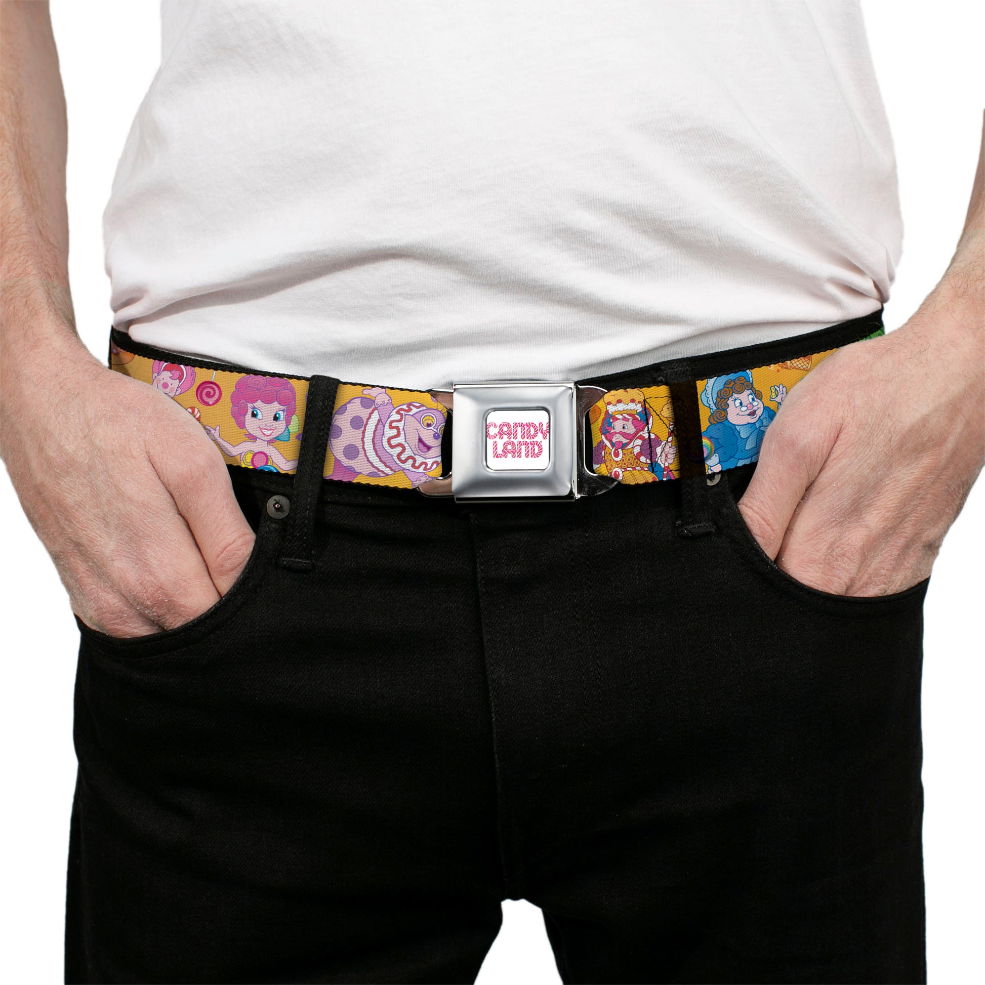 CANDY LAND Game Logo White/Pink Seatbelt Belt - Candy Land Characters and Candy Collage Yellow Webbing Seatbelt Belts Hasbro