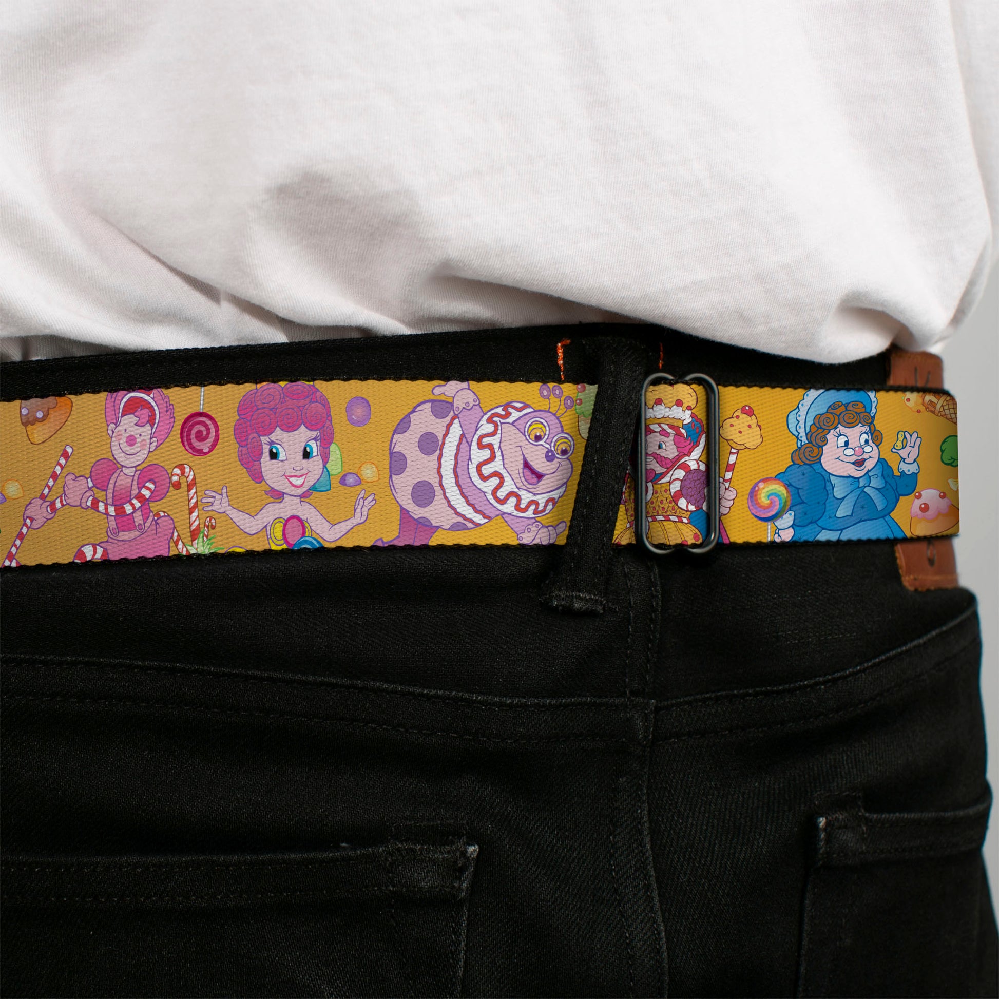 CANDY LAND Game Logo White/Pink Seatbelt Belt - Candy Land Characters and Candy Collage Yellow Webbing Seatbelt Belts Hasbro