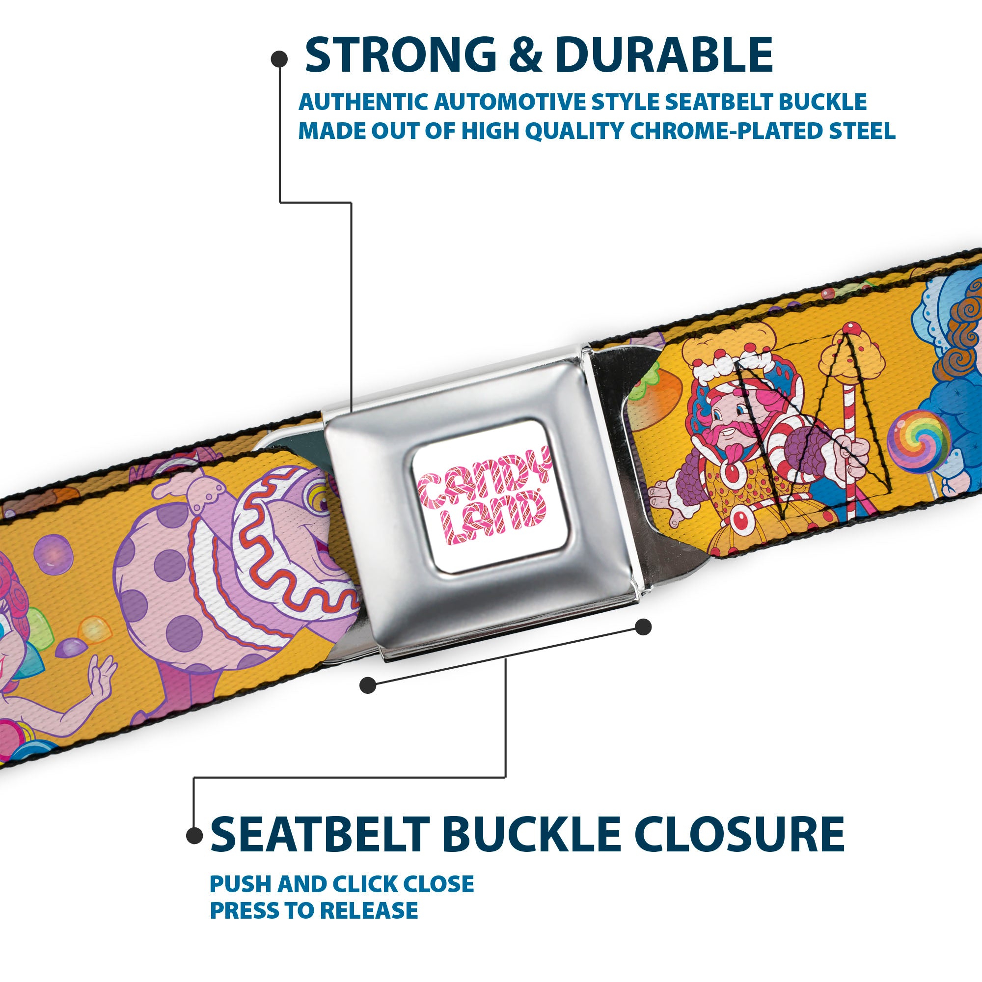 CANDY LAND Game Logo White/Pink Seatbelt Belt - Candy Land Characters and Candy Collage Yellow Webbing Seatbelt Belts Hasbro