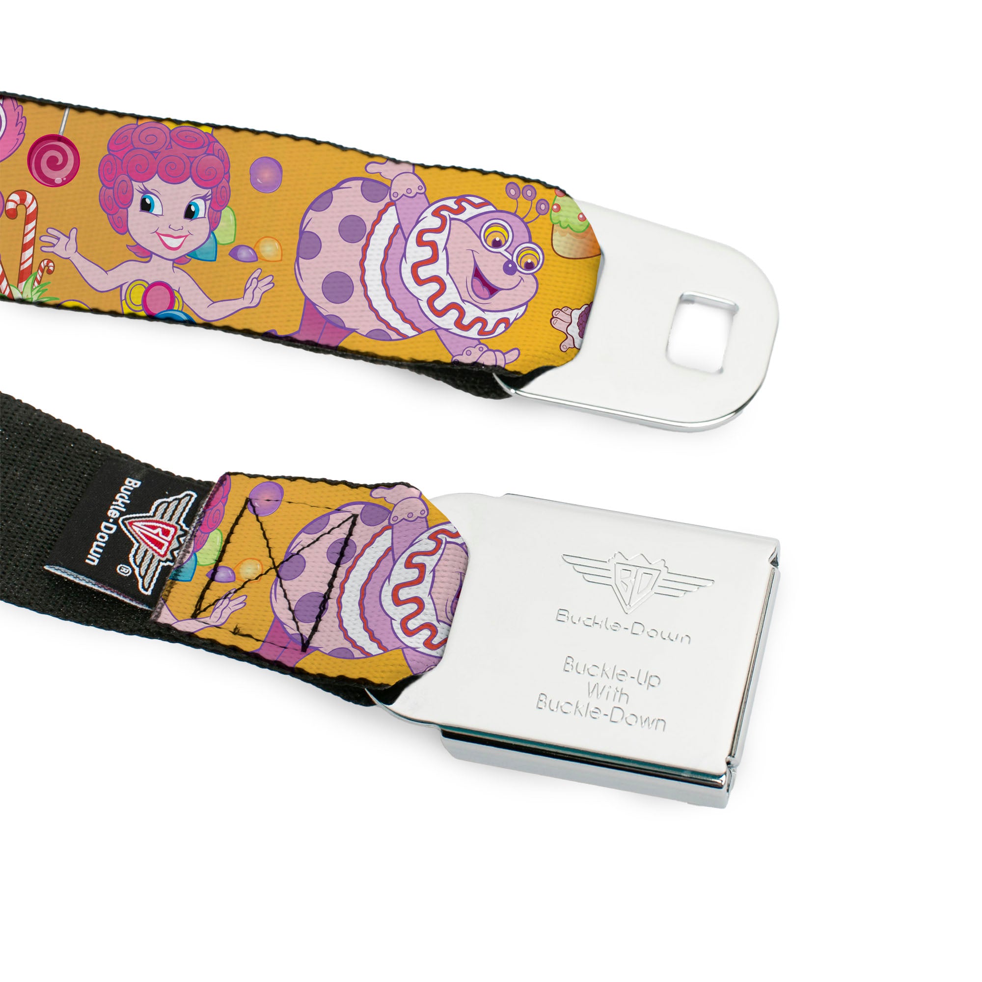 CANDY LAND Game Logo White/Pink Seatbelt Belt - Candy Land Characters and Candy Collage Yellow Webbing Seatbelt Belts Hasbro