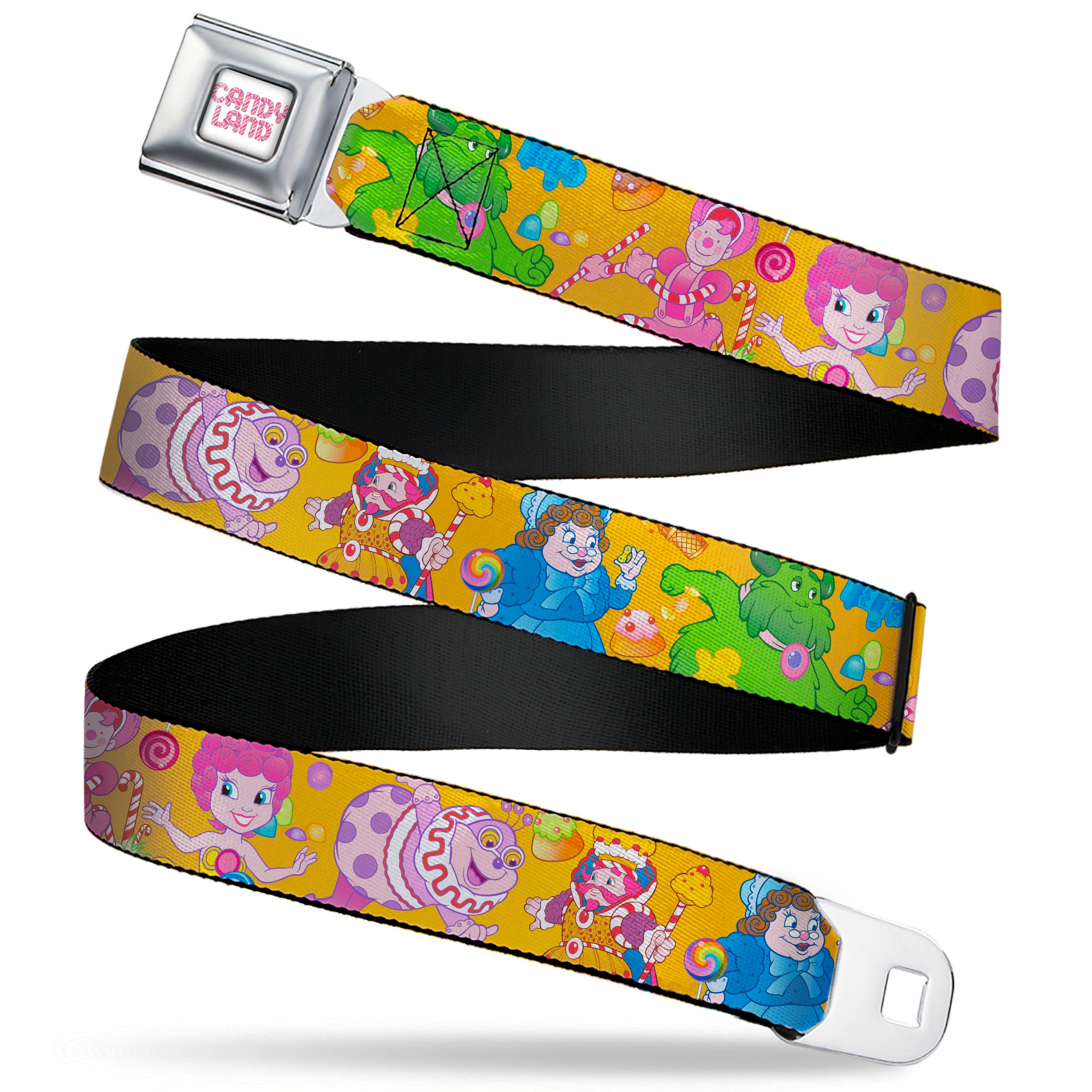 CANDY LAND Game Logo White/Pink Seatbelt Belt - Candy Land Characters and Candy Collage Yellow Webbing Seatbelt Belts Hasbro