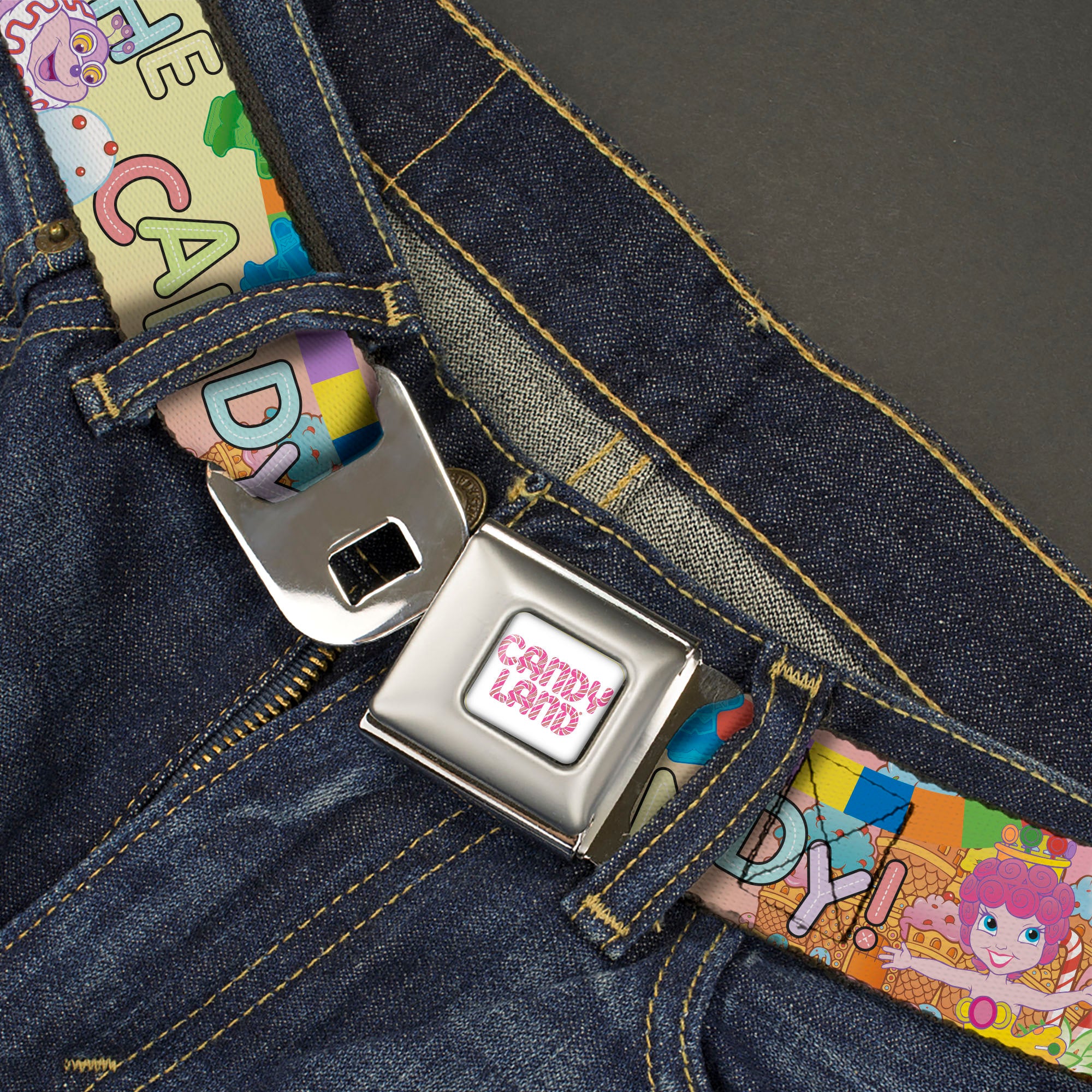 CANDY LAND Game Logo White/Pink Seatbelt Belt - Candy Land TAKE ME TO THE CANDY Character Collage Multi Color Webbing Seatbelt Belts Candy Land