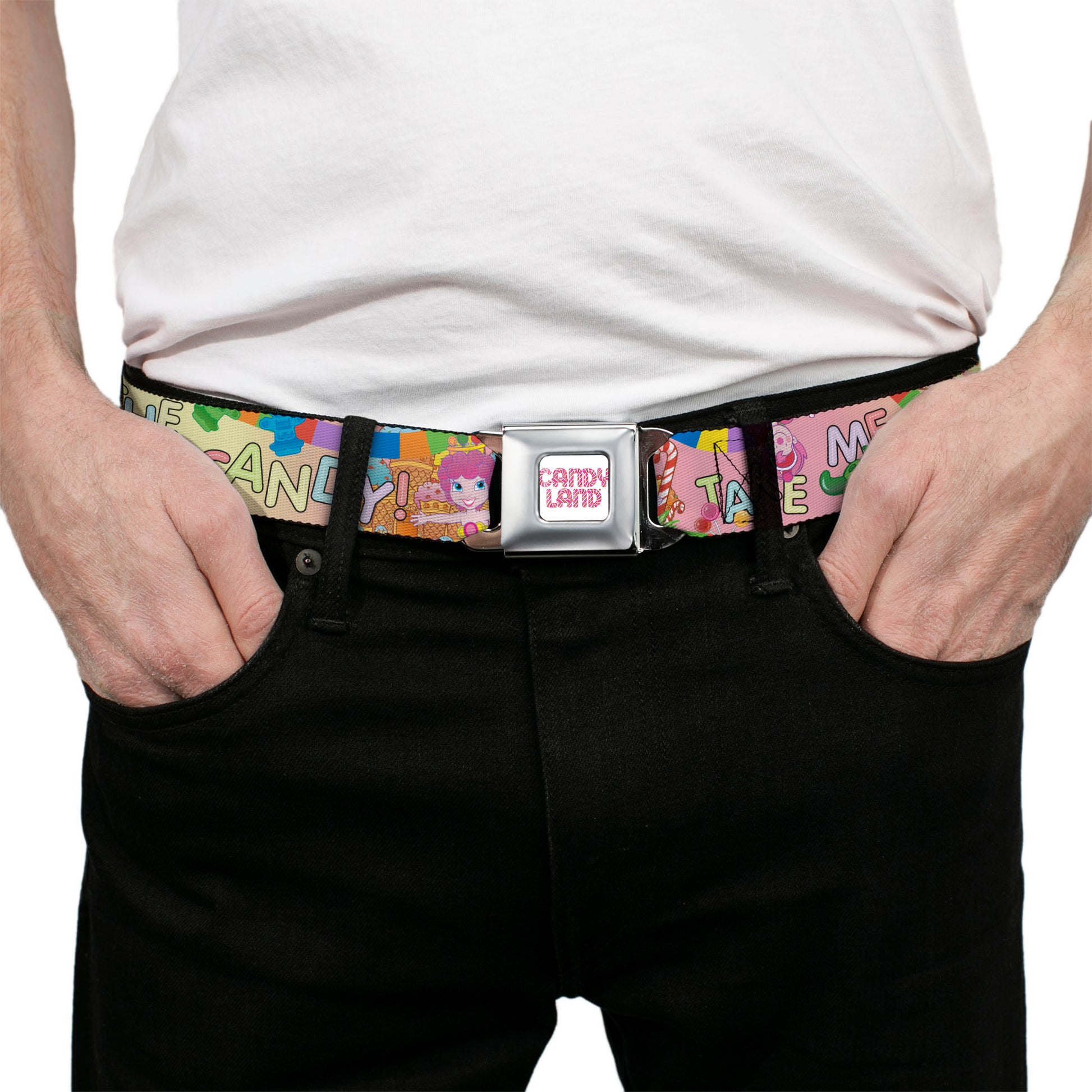 CANDY LAND Game Logo White/Pink Seatbelt Belt - Candy Land TAKE ME TO THE CANDY Character Collage Multi Color Webbing Seatbelt Belts Candy Land