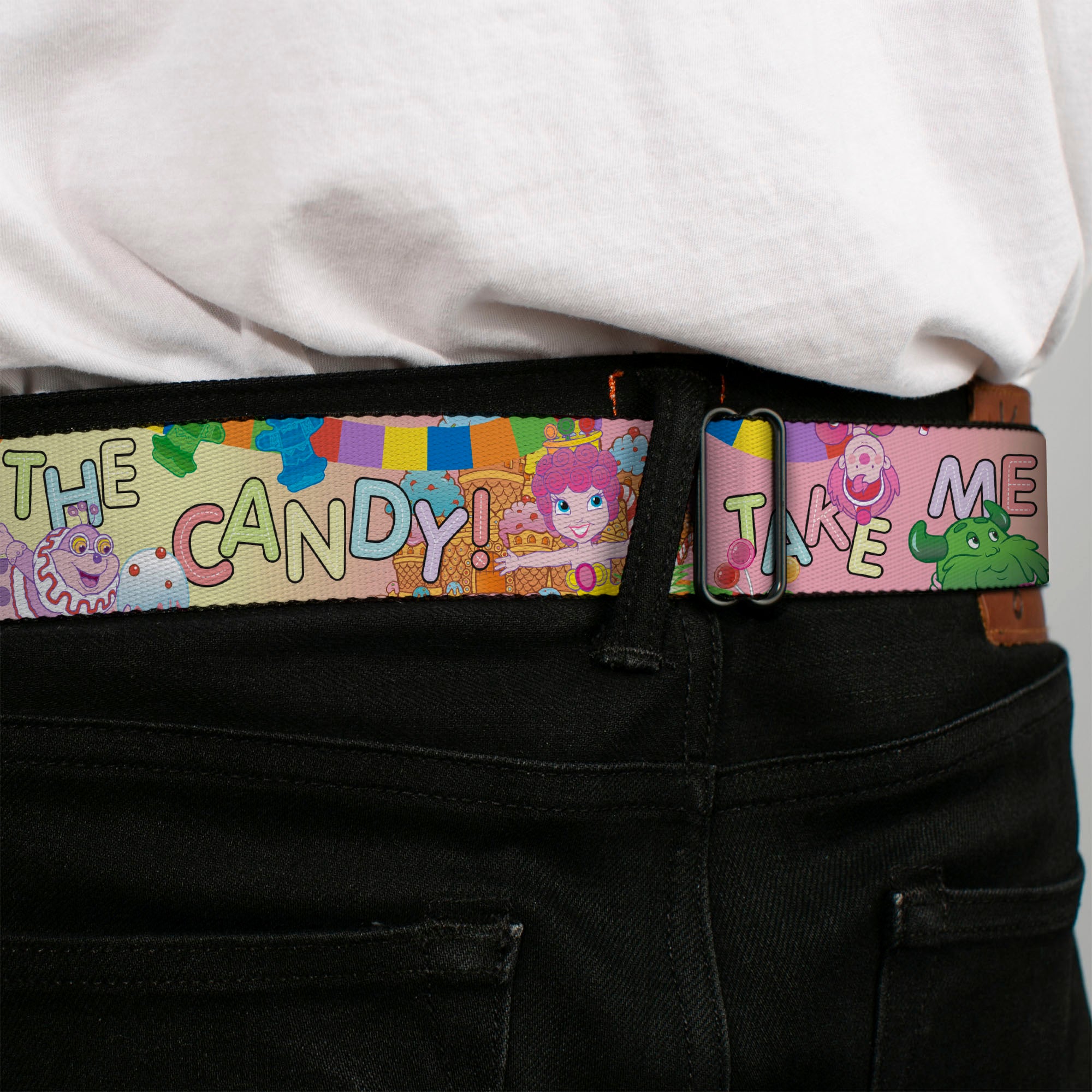 CANDY LAND Game Logo White/Pink Seatbelt Belt - Candy Land TAKE ME TO THE CANDY Character Collage Multi Color Webbing Seatbelt Belts Candy Land