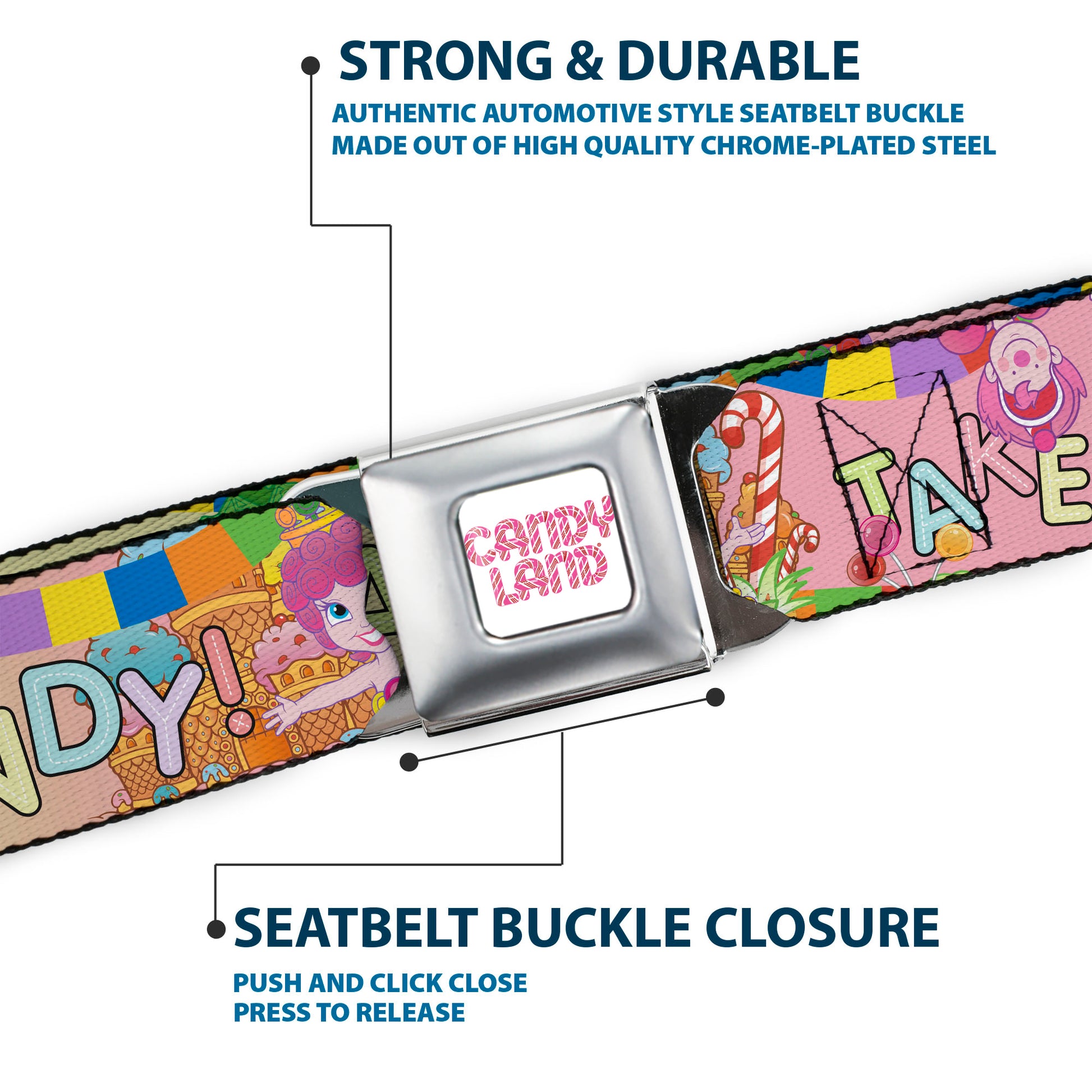 CANDY LAND Game Logo White/Pink Seatbelt Belt - Candy Land TAKE ME TO THE CANDY Character Collage Multi Color Webbing Seatbelt Belts Candy Land