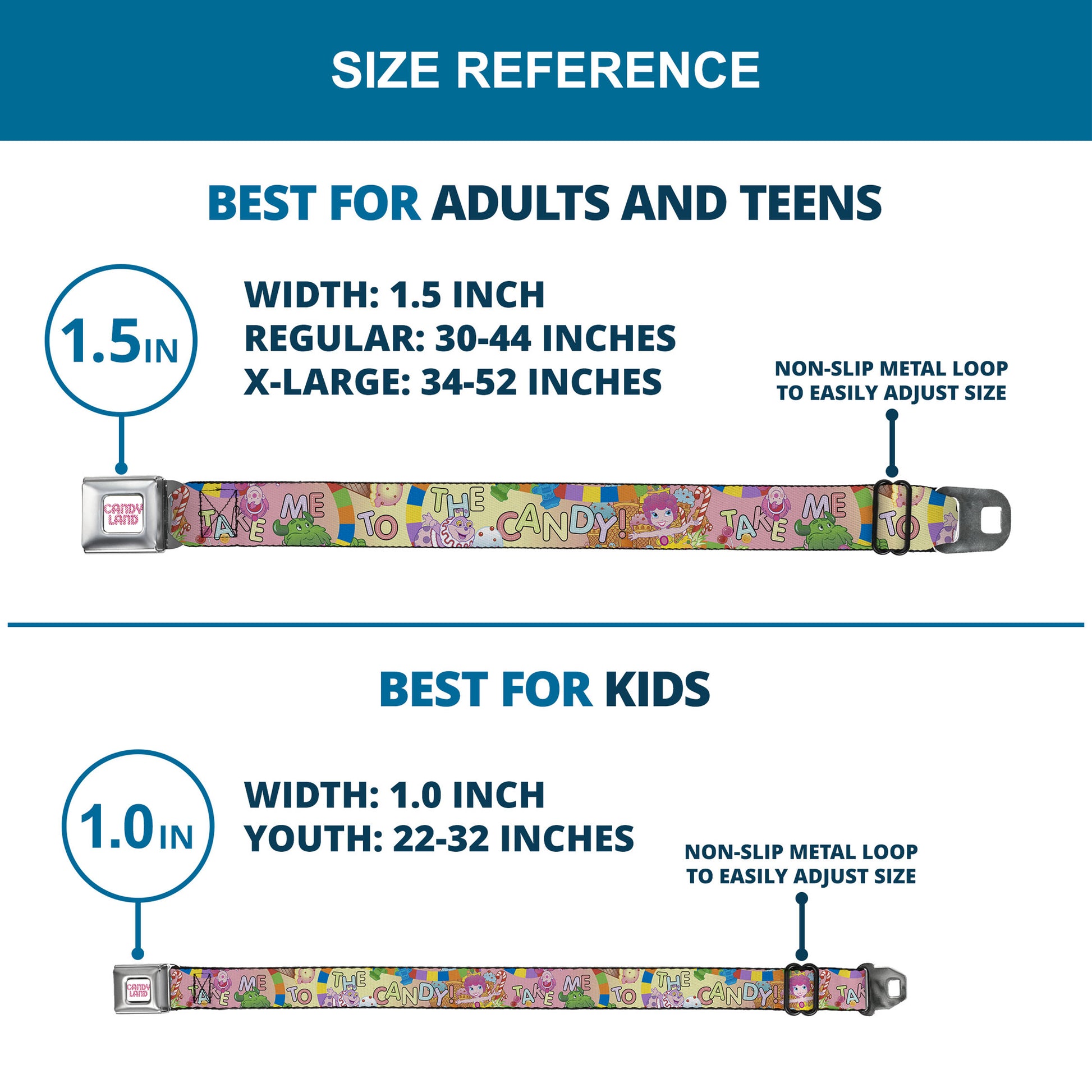 CANDY LAND Game Logo White/Pink Seatbelt Belt - Candy Land TAKE ME TO THE CANDY Character Collage Multi Color Webbing Seatbelt Belts Candy Land