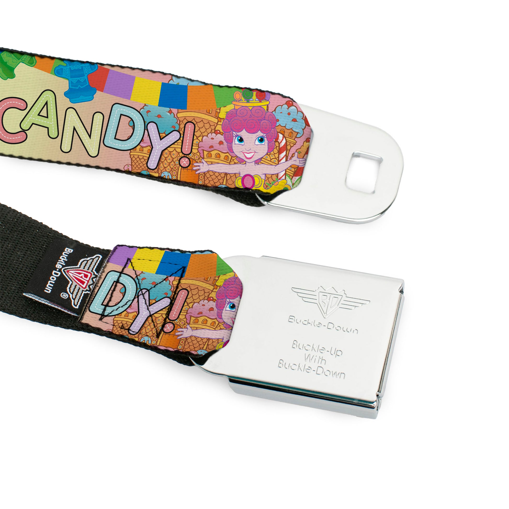 CANDY LAND Game Logo White/Pink Seatbelt Belt - Candy Land TAKE ME TO THE CANDY Character Collage Multi Color Webbing Seatbelt Belts Candy Land