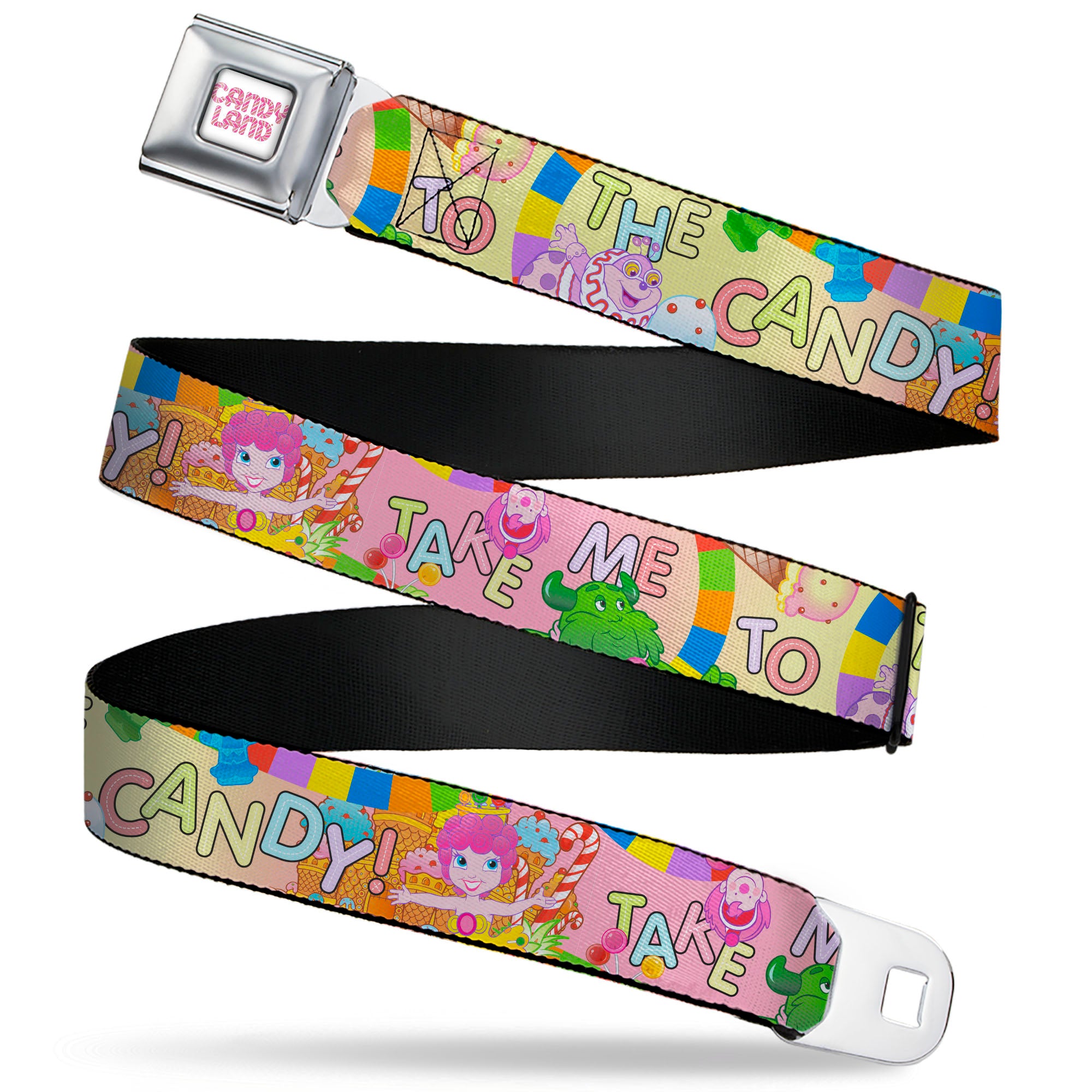 CANDY LAND Game Logo White/Pink Seatbelt Belt - Candy Land TAKE ME TO THE CANDY Character Collage Multi Color Webbing Seatbelt Belts Candy Land
