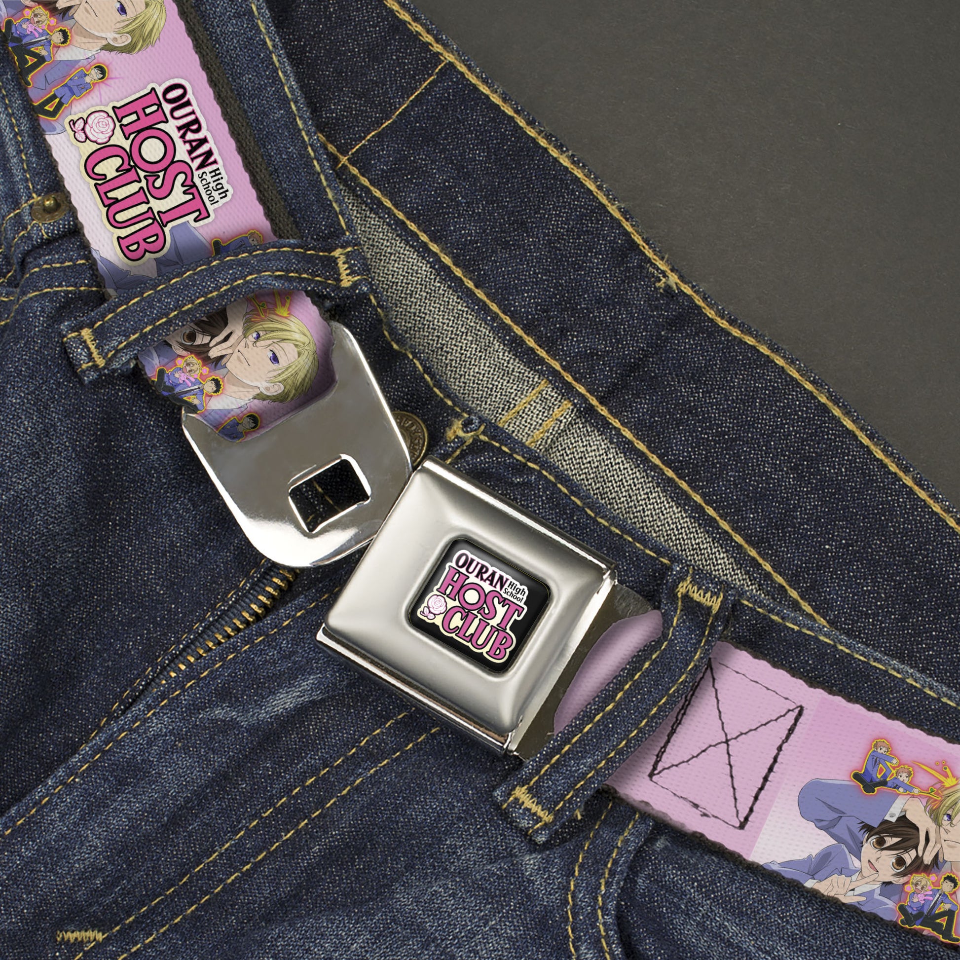 OURAN HIGH SCHOOL HOST CLUB Title Logo Full Color Black Seatbelt Belt - OURAN HIGH SCHOOL Character Group Pose and Title Logo Pinks Webbing Seatbelt Belts Ouran High School Host Club