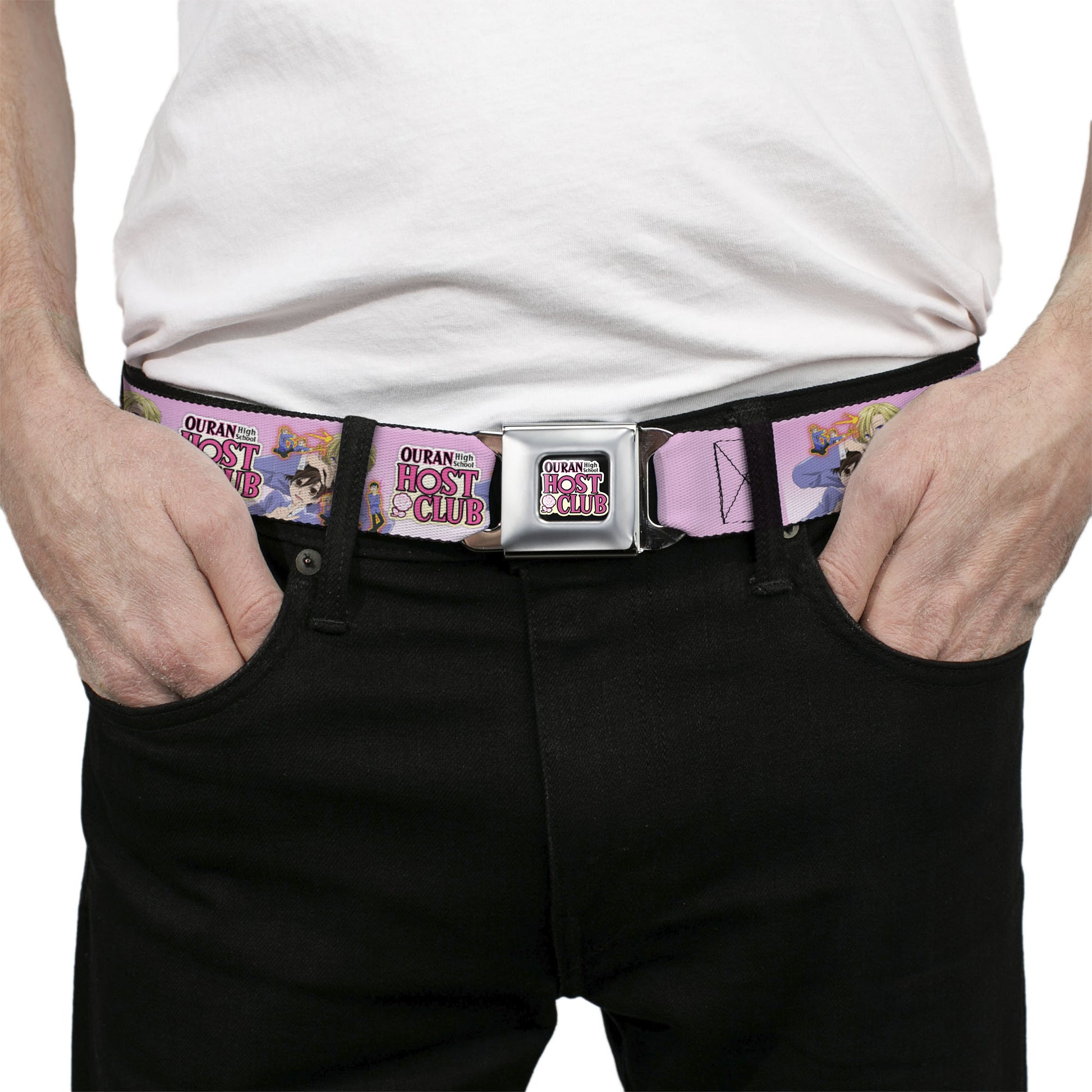 OURAN HIGH SCHOOL HOST CLUB Title Logo Full Color Black Seatbelt Belt - OURAN HIGH SCHOOL Character Group Pose and Title Logo Pinks Webbing Seatbelt Belts Ouran High School Host Club