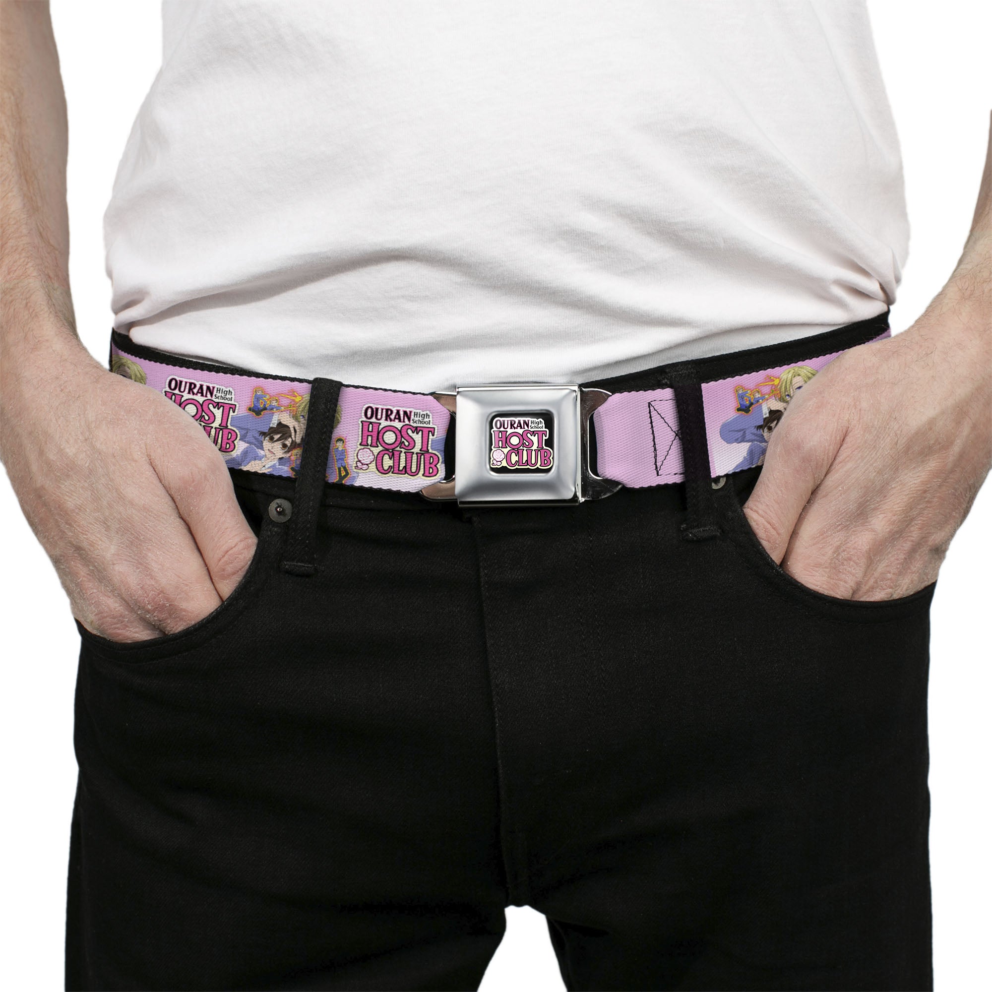 OURAN HIGH SCHOOL HOST CLUB Title Logo Full Color Black Seatbelt Belt - OURAN HIGH SCHOOL Character Group Pose and Title Logo Pinks Webbing Seatbelt Belts Ouran High School Host Club