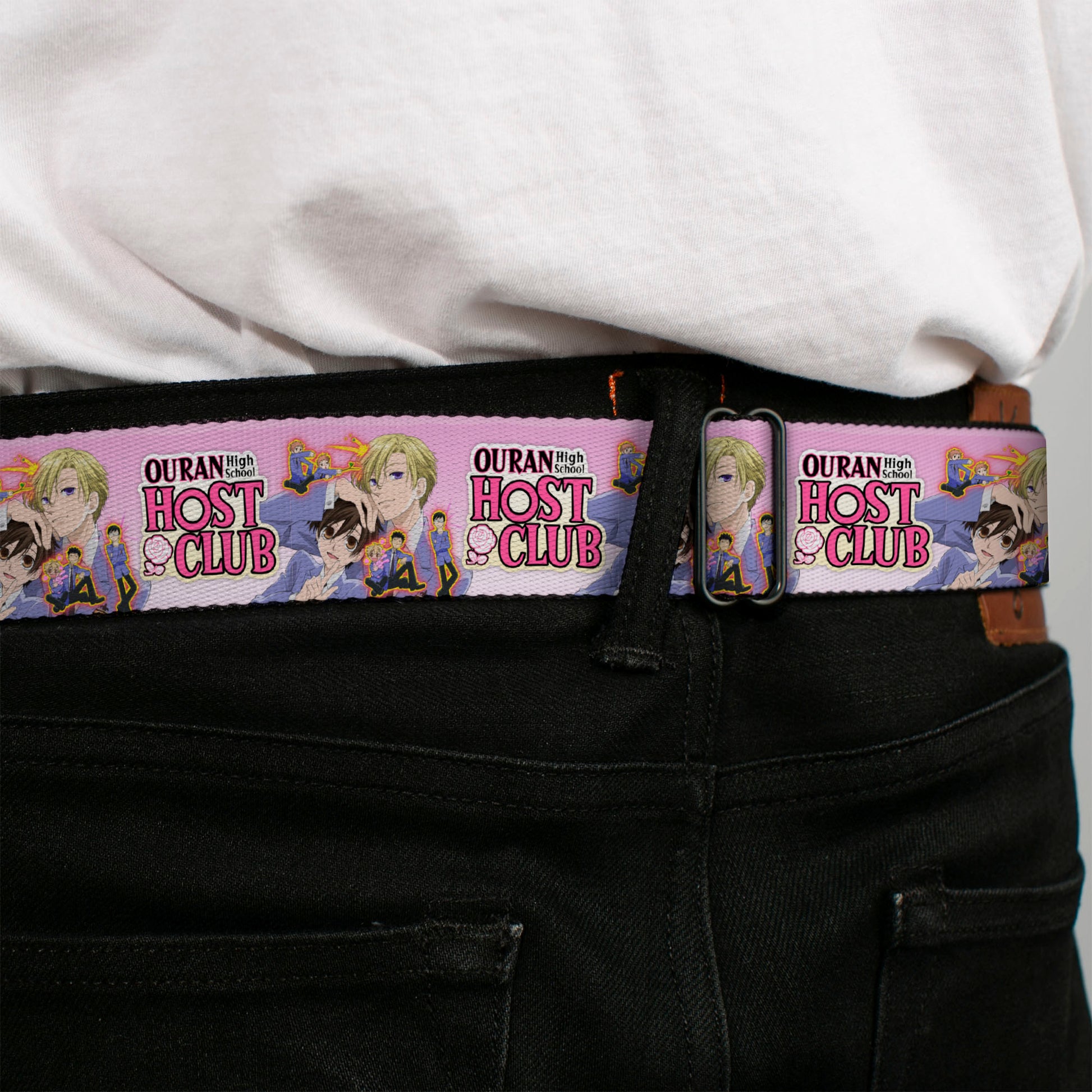 OURAN HIGH SCHOOL HOST CLUB Title Logo Full Color Black Seatbelt Belt - OURAN HIGH SCHOOL Character Group Pose and Title Logo Pinks Webbing Seatbelt Belts Ouran High School Host Club