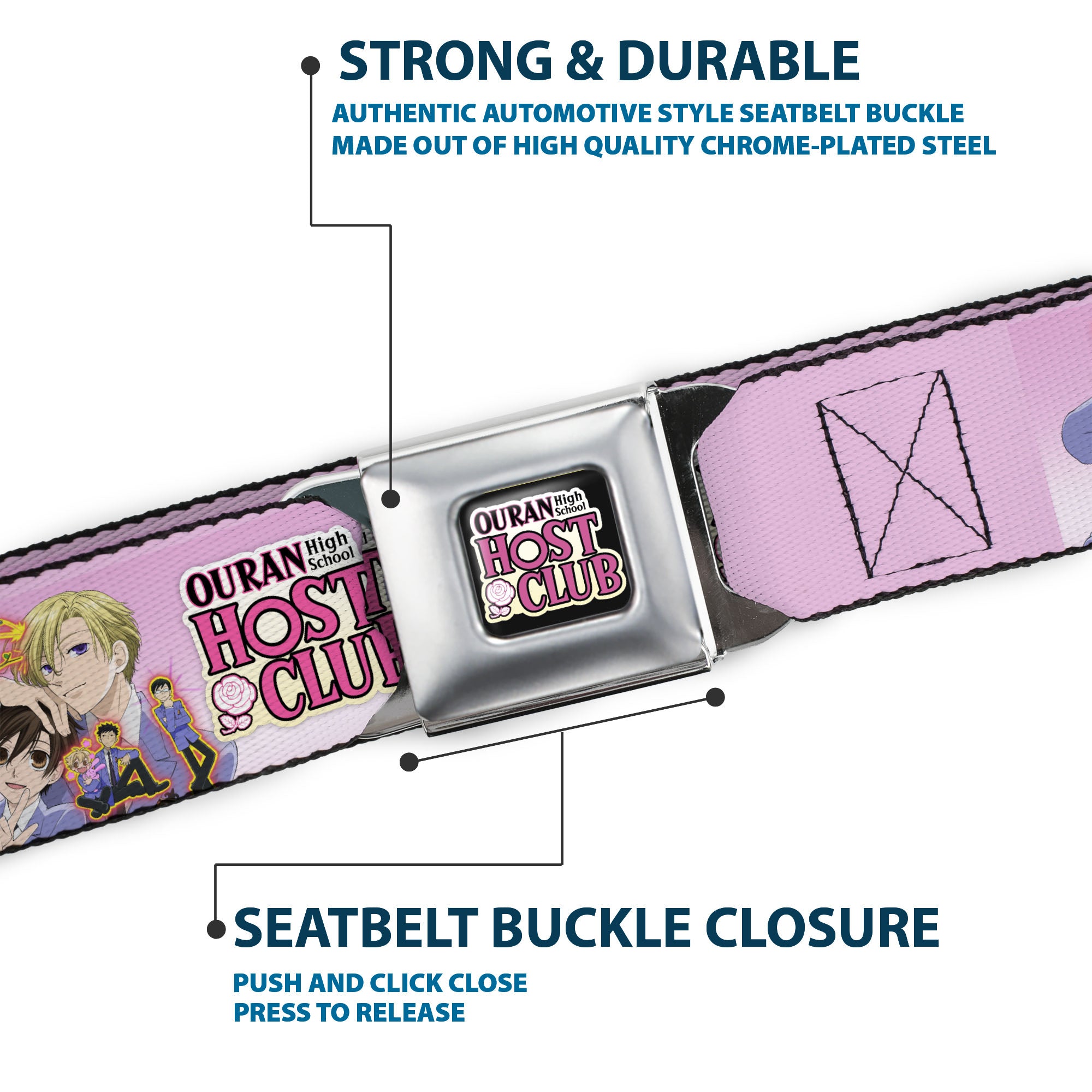OURAN HIGH SCHOOL HOST CLUB Title Logo Full Color Black Seatbelt Belt - OURAN HIGH SCHOOL Character Group Pose and Title Logo Pinks Webbing Seatbelt Belts Ouran High School Host Club